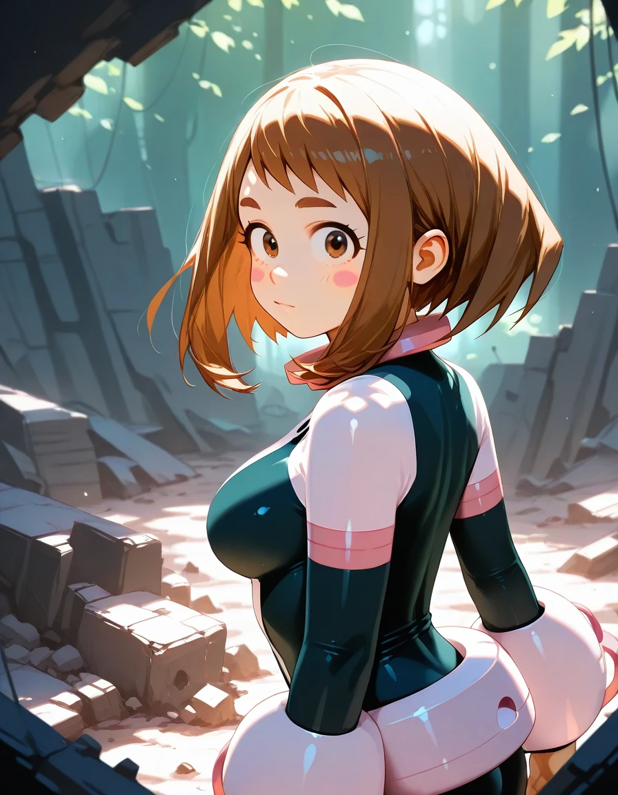 1girl, uraraka ochako, in debris build, bodysuit, looking at viewer, from side, dappled sunlight, blush stickers,belt,
<lora:knk_softshading_style_illustrious_v1_t6:1>