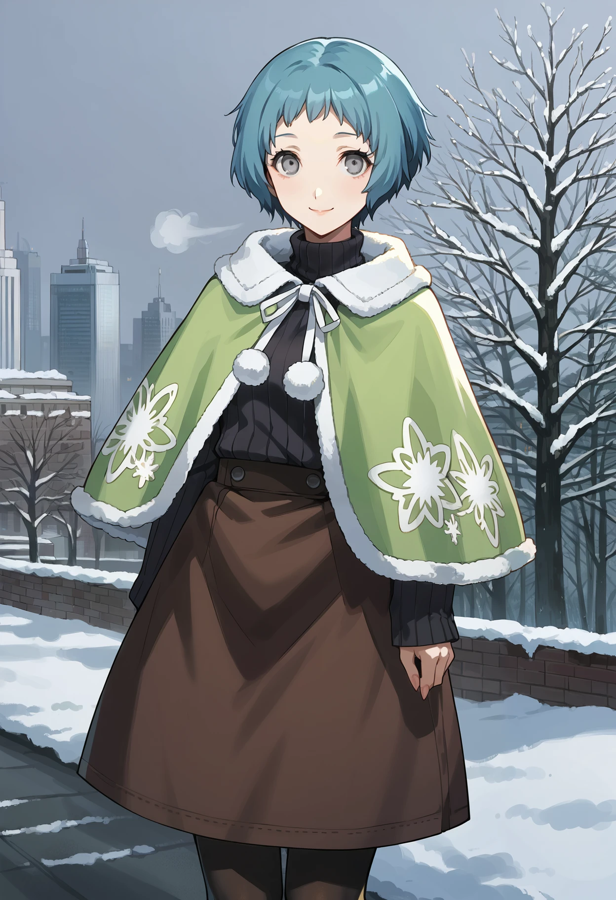 score_9, score_8_up, source_anime
(masterwork, masterpiece, best quality, hyper-detailed :1.2),
1 girl, solo, cute face,
p3fuuka, yamagishi fuuka, short hair, aqua hair, gray eyes,
p3fuuka-wincas, capelet, green capelet, sweater, turtleneck, long sleeves pantyhose, black pantyhose, skirt, long skirt, 
outdoors, cityscape, trees, cold, winter, foggy breath, looking at viewer, smile,