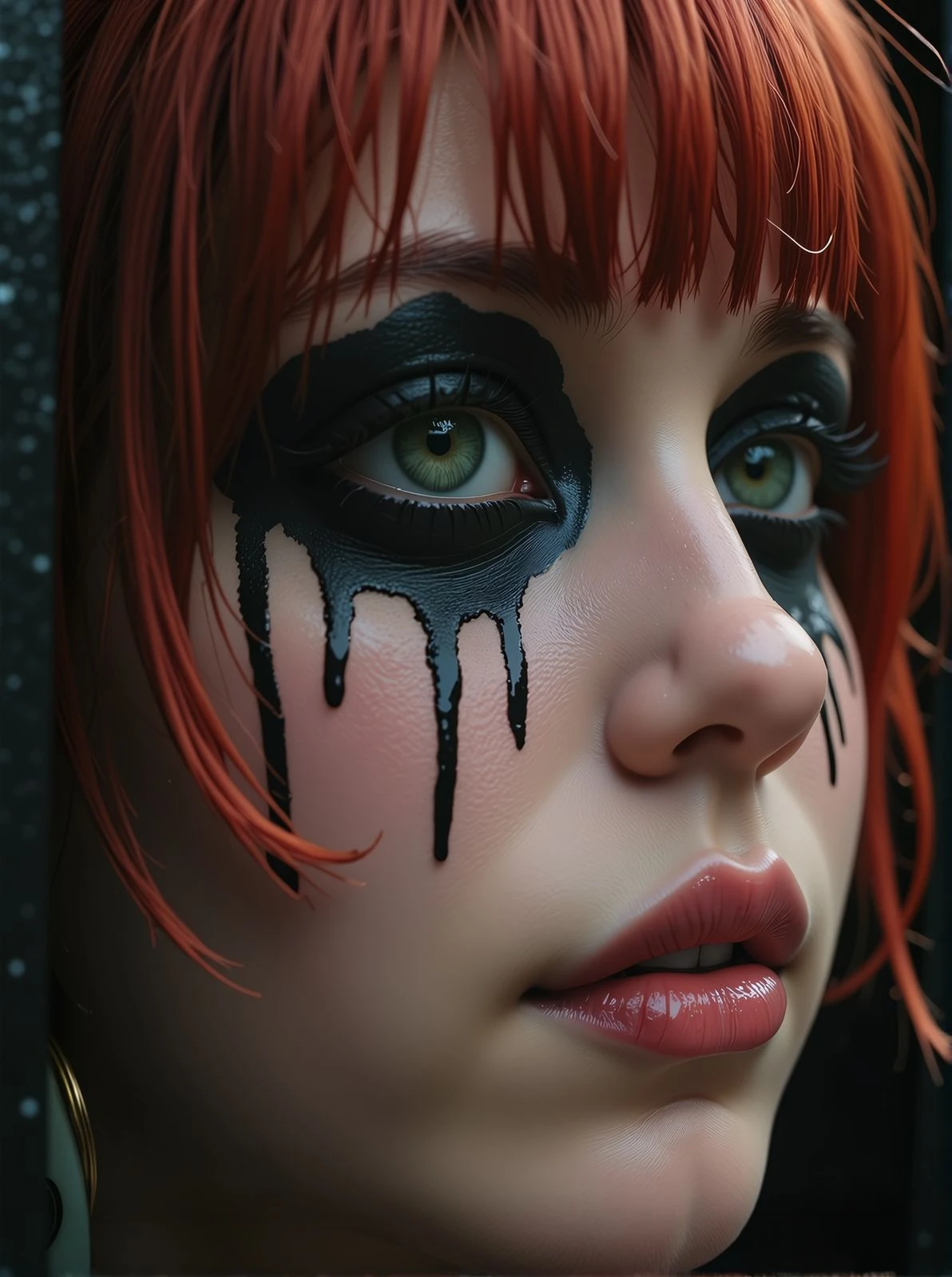 Sharp close shot of a young woman eye. Sad, running tears, crying, running make up, painted cheeks, black liquid paint. Rain. Wet. There are a black wall behind her. <lora:Woomy 6 Flux:1.2> green eyes, full lips, redhaired,