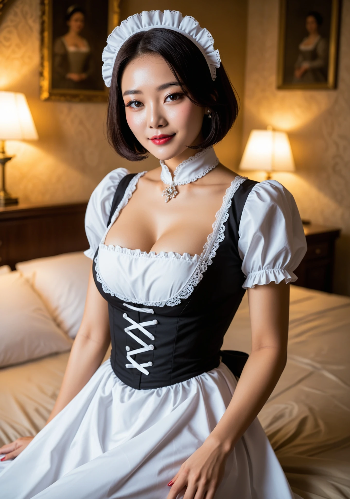 score_9, score_8, score_7, saultry lustful perverted smirking korean girl in a sexy french maid outfit with short bob cut sits on a bed in a king's palace in seductive sunset lighting