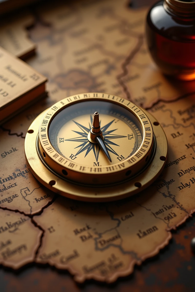 Enhanced_Lighting_and_Textures,The image showcases a classic,golden compass resting on an aged,cracked map. The compass has a traditional design with a prominent central needle pointing north,surrounded by a circular dial marked with cardinal directions and degrees. The map beneath it features geographical outlines and faded text,suggesting an old world map. The compass and map are set against a blurred background that hints at more navigational tools,possibly a quill and inkwell,adding to the antique exploration theme. The lighting is warm,highlighting the golden tones of the compass and the sepia hues of the map,creating a sense of history and adventure. The focus is sharply on the compass,with the background softly out of focus,emphasizing the importance of navigation in historical exploration.,