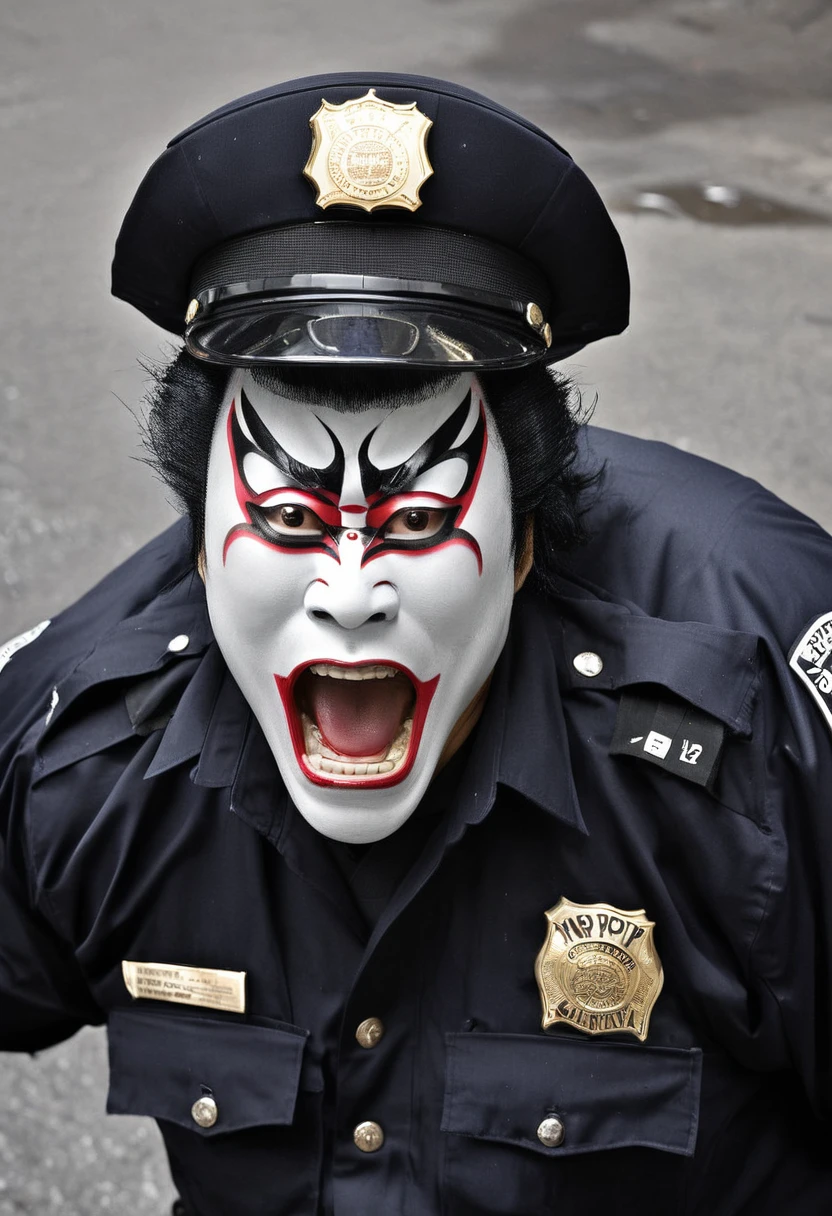 <lora:Kabuki_Face_SDXL_Panache:1> kabuk1, kabuki, black hair, cop uniform, Sgt. Kabukiman NYPD, new york city, dramatic, comical, bizarre perspective, foreshortening, open mouth, city street, gritty, busting a perp,