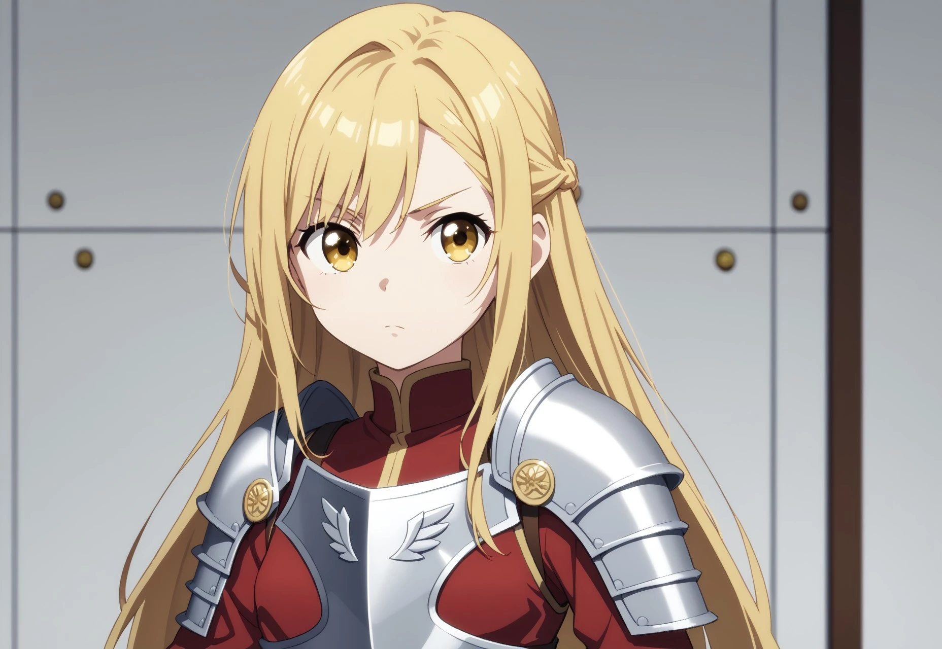 safe_pos, safe_pos, safe_pos, 1Girl, anime style, anime graphics, anime shot, original anime graphics, masterpiece, intricate details, anime colors, anime shading, clear image, perfect color choice,
BREAK
, 168 cm tall, , Score_9, Score_8_up, Score_7_up, fine details, small face, small breasts (((size B))), , long straight hair, golden blonde hair, big eyes, bright golden eyes, straight hair, infinitely cute, pretty, asymmetrical bangs, open hair, masterpiece, anime source, bold colors, soft facial features, petite, cute, narrow face, very petite and slim, flat butt
BREAK
In the Middle Ages, Wearing knight armor, Holding iron shield, serious facial expression, side front view, castle in the background
