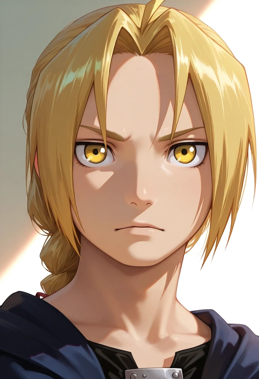 masterpiece, best quality, , semi-realistic, looking at viewer, 1boy, solo, male focus, <lora:edward_elric_ilxl:1>, edward_elric, blonde hair, yellow eyes, , , ,