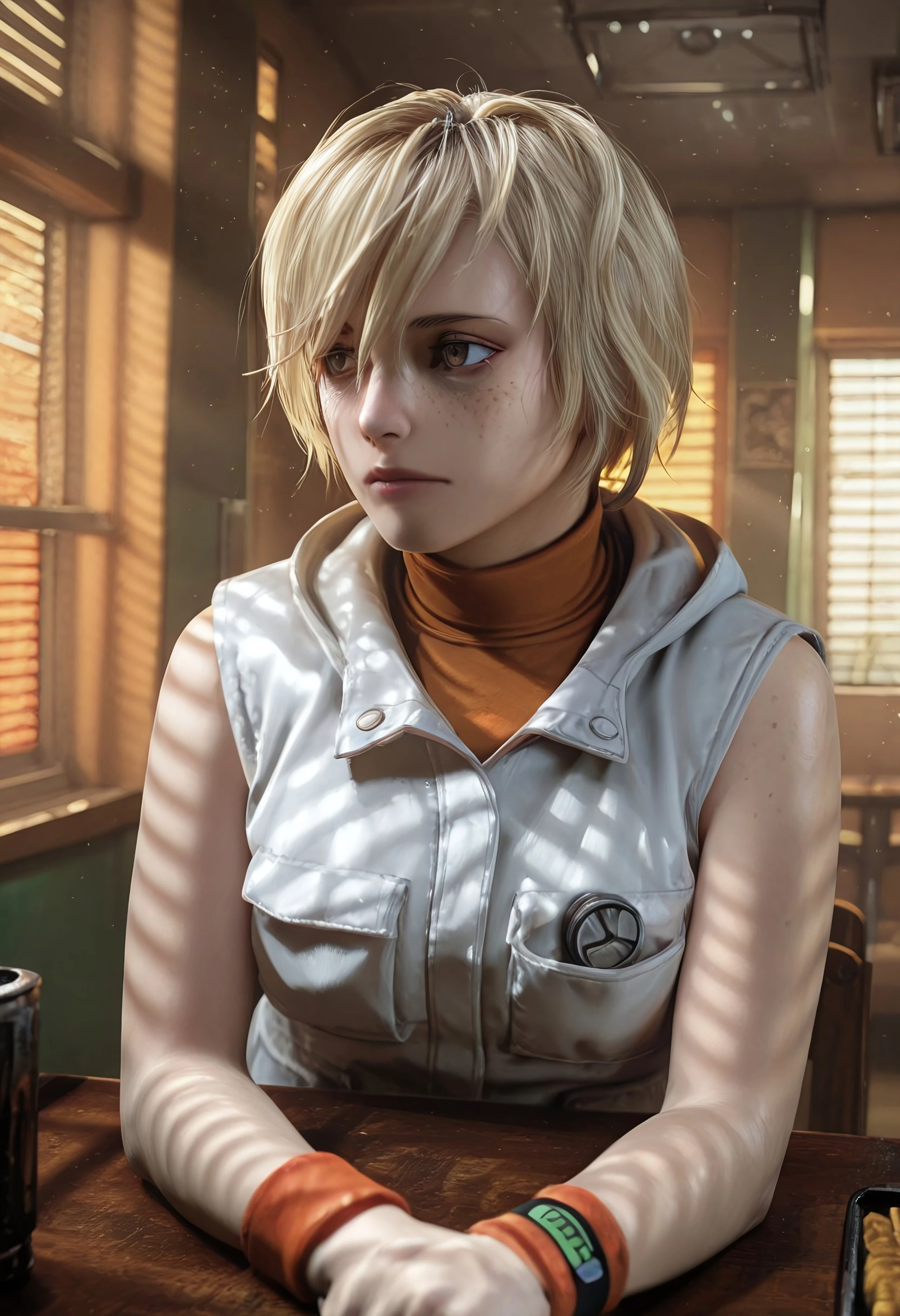 masterpiece, best quality, BREAK, dynamic angle, 1girl, solo, heathermail, blonde hair, brown eyes, freckles, vest, sleeveless turtleneck, wristband, sitting, arms on table, diner, window, blinds, dusk, sunrays, shadows, orange lighting, detailed scenery