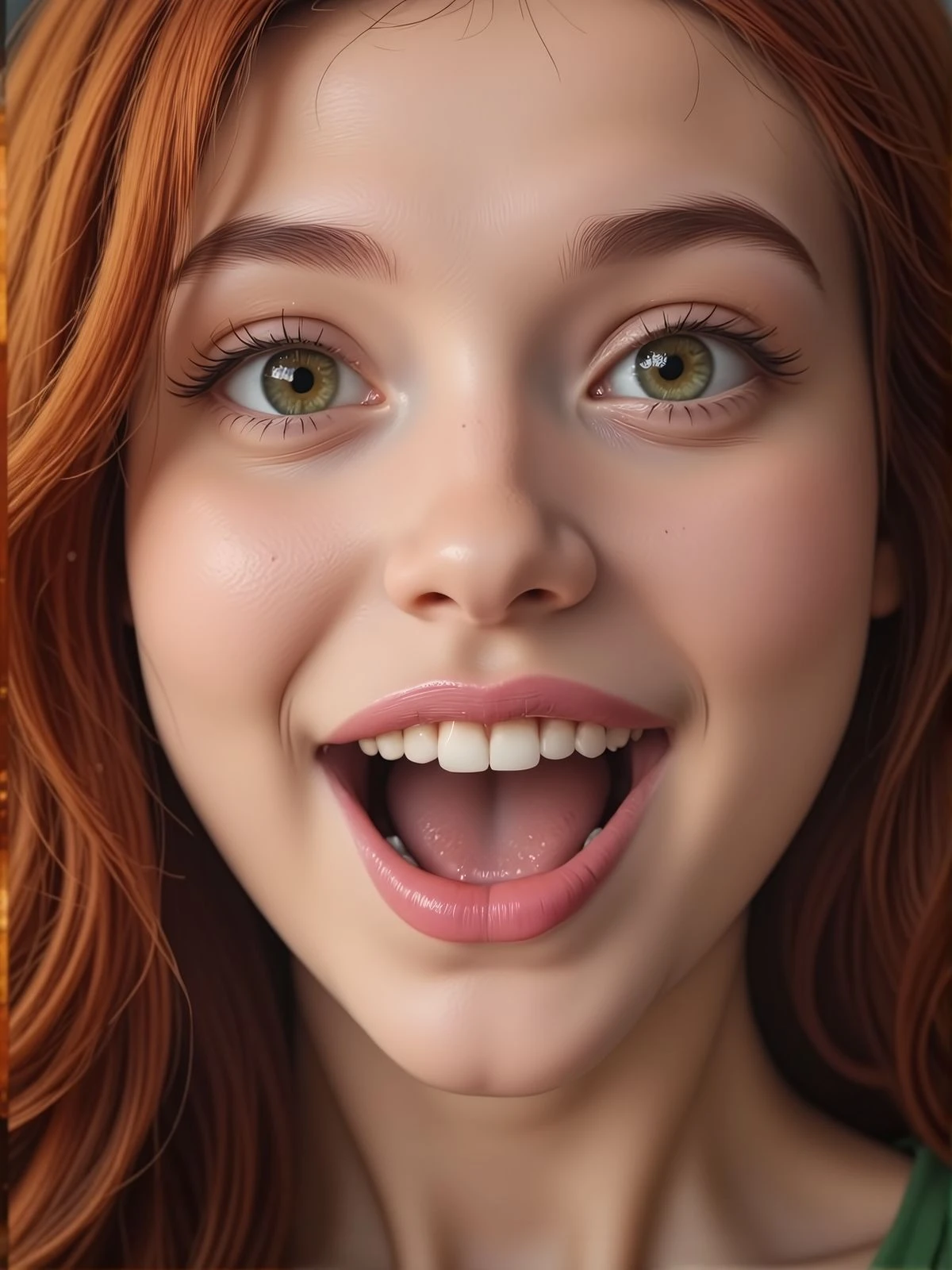 Close up happy face of a young woman. <lora:Surprise_excited_and_joyful_expression_for_FLUX:0.85> mouth wide open and eye wide, conveying a sense of excitement, face is filled with excitement. (Black wall:0.25), magical floating particles. <lora:Woomy 6 Flux:1.2> green eyes, full lips, redhaired,
