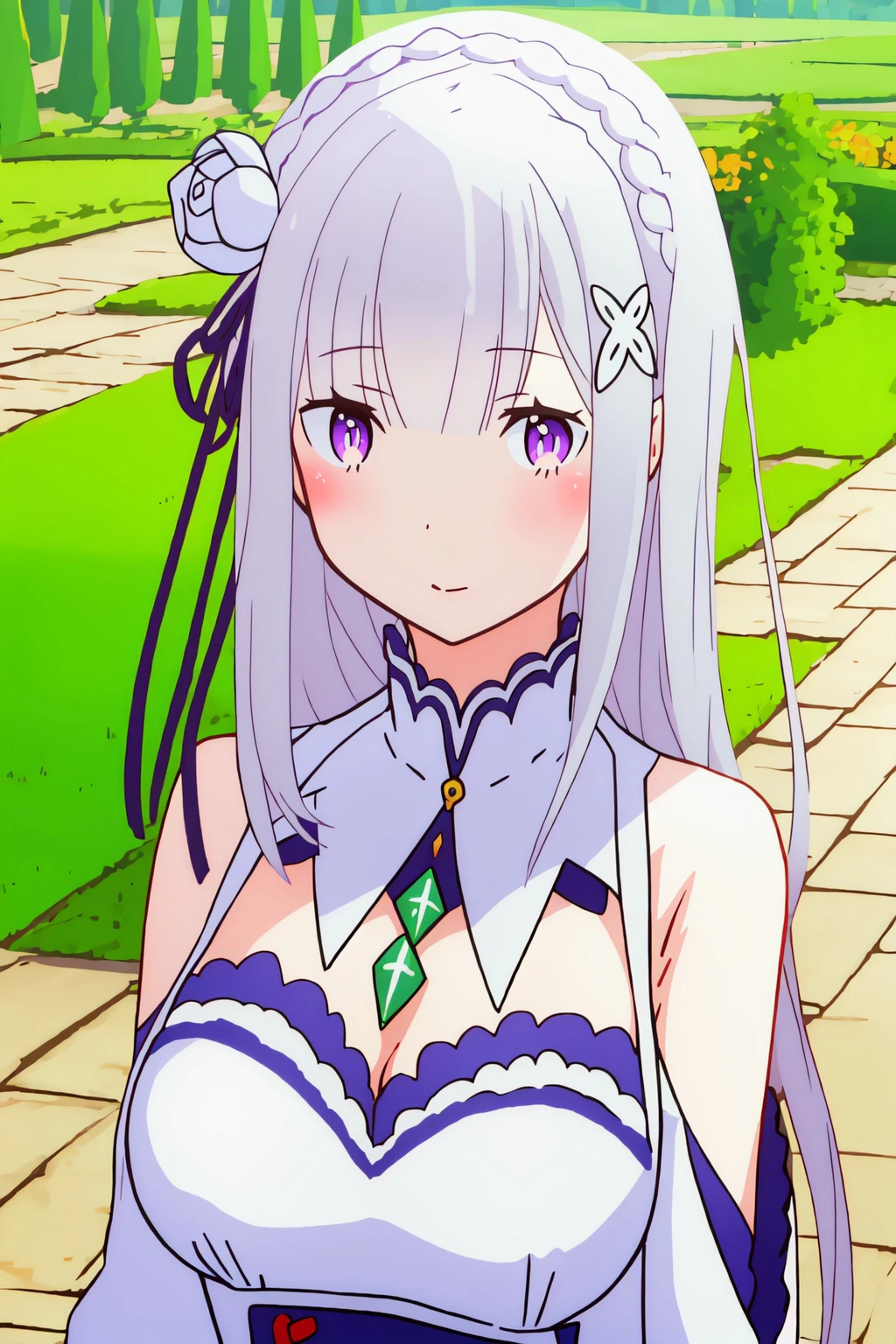 1girl and 1boy, emilia \(re:zero\), re:zero kara hajimeru isekai seikatsu, anime artwork, anime style, key visual, vibrant, studio anime, highly detailed, looking at viewer, masterpiece, best quality, very aesthetic, absurdres