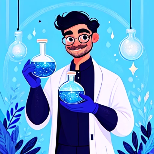 <lora:Flat_Cartoon_IllustrationSD1:1> ArsMJStyle, Flat Cartoon Illustration, The image shows a man in a lab coat holding a beaker filled with blue liquid surrounded by plants and stars in a blue background., solo, 1boy, male focus, black hair, gloves, mustache, short hair, facial hair, long sleeves, smile