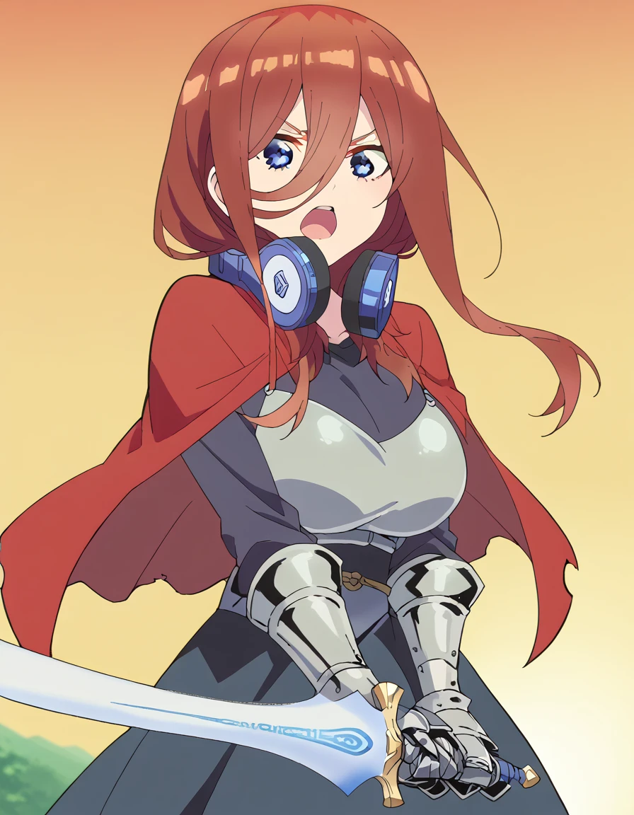score_9, score_8_up, score_7_up, source_anime, <lora:miku-nakano-s2-ponyxl-lora-nochekaiser:1>, miku nakano, long hair, bangs, blue eyes, brown hair, hair between eyes, headphones, headphones around neck, large breasts, anime screencap, <lora:sunrise-stance-ponyxl-lora-nochekaiser:1>, sunrise stance, weapon, sword, solo, open mouth, holding weapon, holding, holding sword,, <lora:knight-ponyxl-lora-nochekaiser:1>, knight, armor, cape, shoulder armor, gauntlets, helmet, pauldrons, red cape,,