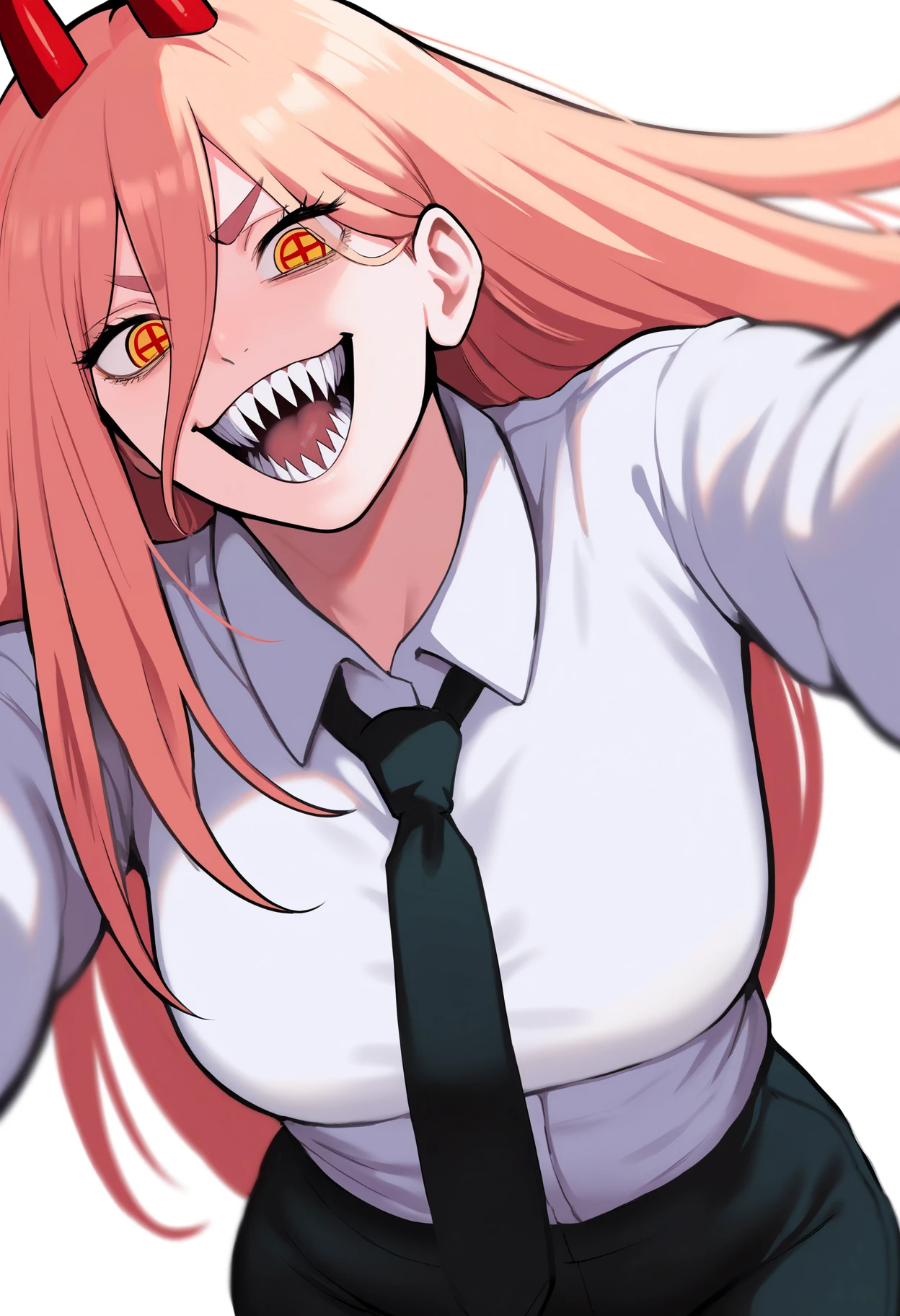 best quality, amazing quality, very aesthetic, absurdres,
1girl, power \(chainsaw man\), pink hair, blonde hair, red horns, red eyes, cross-shaped pupils, long hair, sharp teeth, hair between eyes, symbol-shaped pupils,
collared shirt, black necktie, long sleeves,
looking at viewer, white shirt, open mouth,
simple background, white background, smile, upper body, <lora:FuriouzlyNoobLocon_byKonan:1>