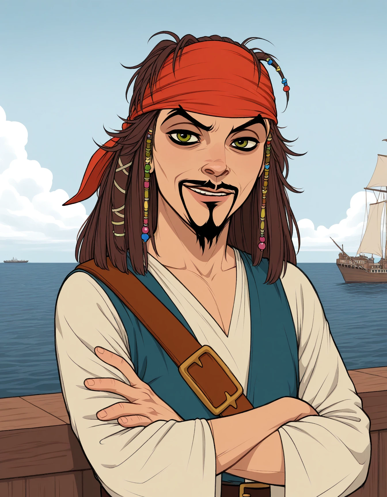 masterpiece, best quality, amazing quality, very aesthetic, high resolution, solo, male
Captain_Jack_Sparrow, outdoor, deck, ship, sea, crossed arms, standing, looking at viewer, portrait, 4 fingers
<lora:Captain_Jack_Sparrow_il:0.9>