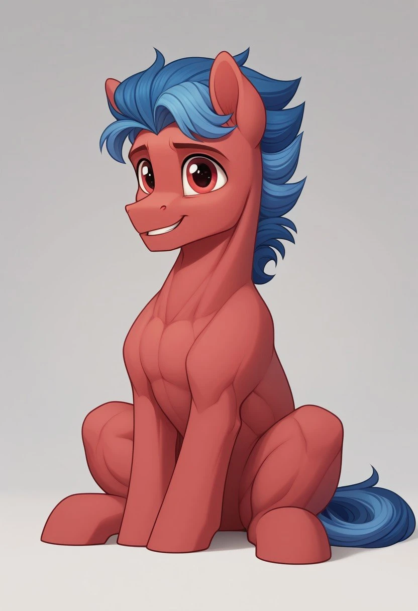 score_9, score_8_up, score_7_up, score_6_up, score_5_up, score_4_up, pony, feral pony, ((anatomically correct)), g4, male, red skin, blue mane, red eyes, filly, foal, foalcon, sit, happy, smile, beautiful, detailed, (detailed cute pony face), detailed fur, beautiful, vector, flat colors, (beautiful long eyelashes)