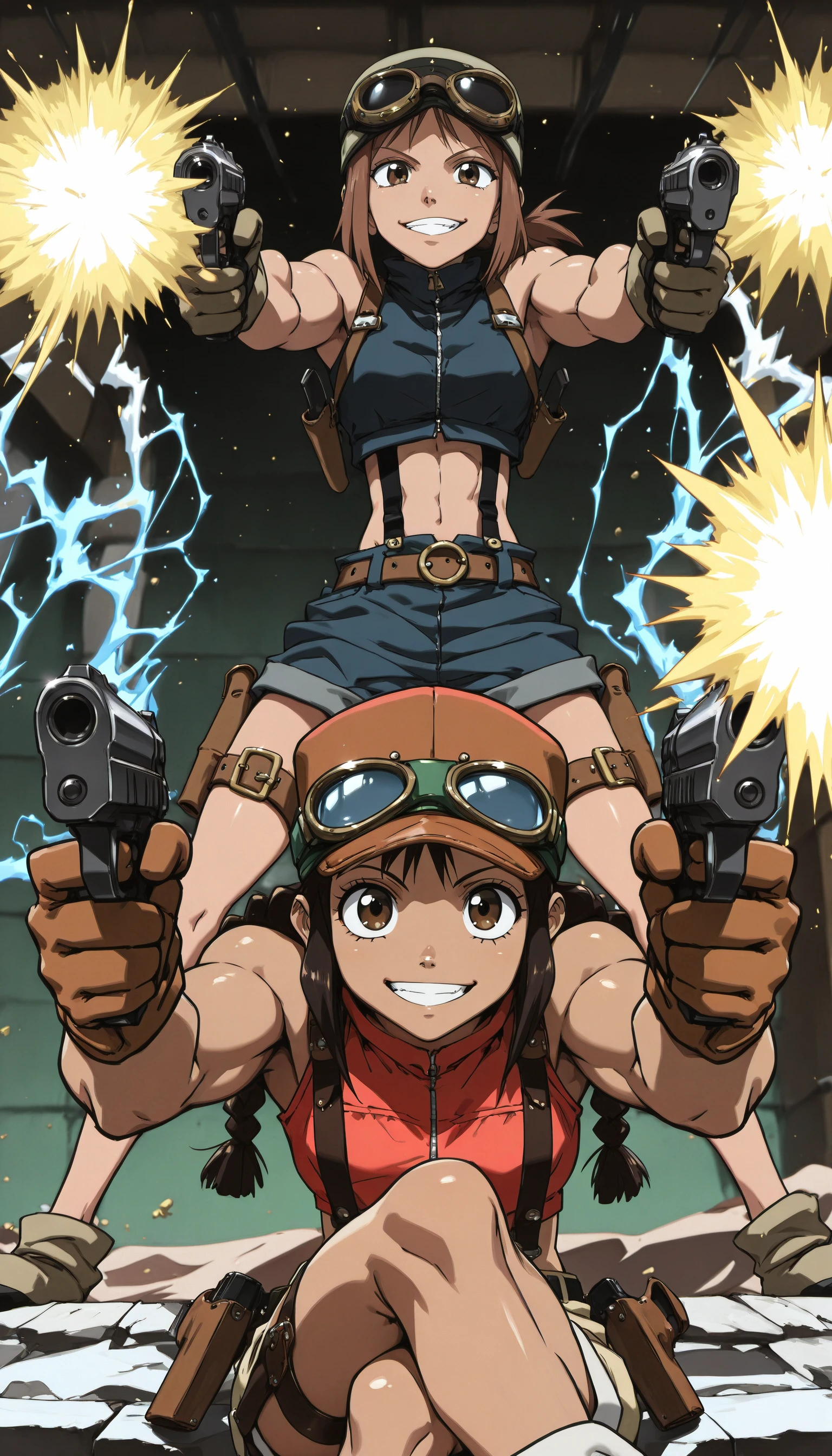 (cowboy shot, flcl, dandadan, sketch, blurry, bokeh, retro, vhs_filter, vhs_artifacts)
((FDK-Illu, 1girl, long_hair, looking_at_viewer, smile, short_hair, brown_hair, black_hair, hat, photoshop_(medium), gloves, 1boy, brown_eyes, twintails, holding, bare_shoulders, sitting, weapon, ponytail, braid, sidelocks, shorts, midriff, belt, dark_skin, grin, twin_braids, holding_weapon, gun, crop_top, muscular, thigh_strap, suspenders, sunglasses, crossed_legs, goggles, holding_gun, handgun, dual_wielding, pistol, electricity, holster, one_knee, firing, thigh_holster, aiming, aiming_at_viewer))