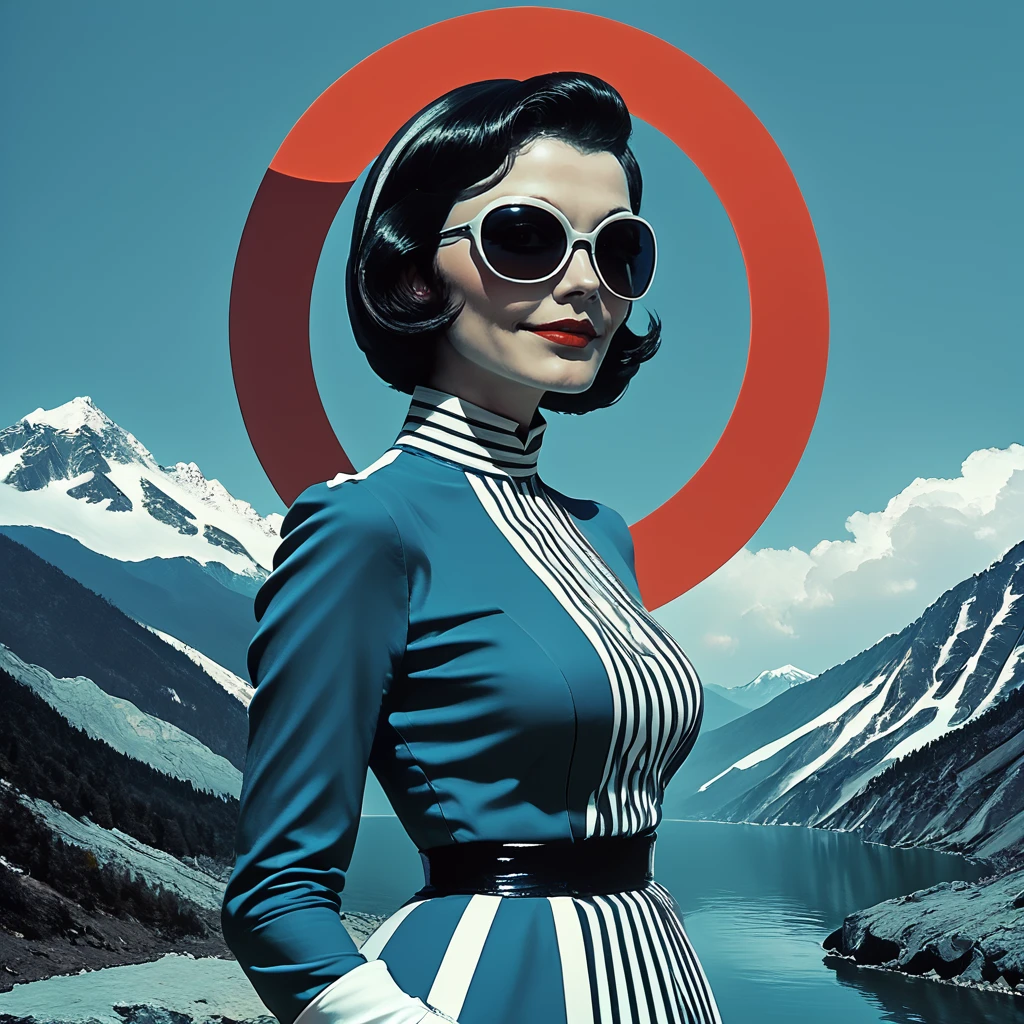 Score_9, score_8_up, score_7_up, score_6_up, BREAK <lora:Abstract_Retro_Future_MoviePony:1> ArsMovieStill, Movie still from an abstract retro future movie, The image is a digital illustration of a man and a woman standing in front of a beautiful landscape with mountains in the background. The woman is on the left side of the image wearing a black and white striped dress and sunglasses. She has her hair styled in a sleek bob and is looking off to the side with a serious expression on her face. The man is standing on the right side also wearing a blue suit and sunglasses with his hands in his pockets. He is looking towards the horizon with a slight smile on his face. The background is a deep blue sky with a large red circle in the center which appears to be a sun or a moon. The mountains are covered in snow and there is a body of water in the foreground. The overall color scheme is predominantly blue and red with some hints of green and yellow. The image has a surreal and dreamlike quality to it., 1girl, 1boy, sunglasses, short hair, black hair, mountain, gloves, parody, breasts, mount fuji