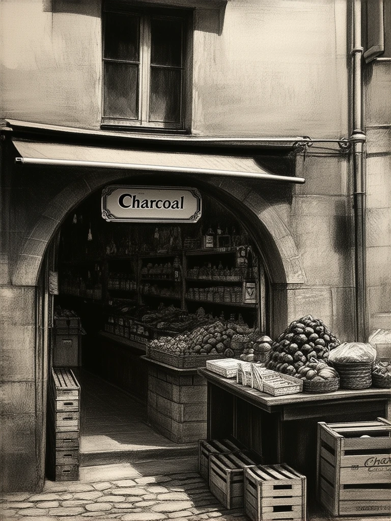 A charcoal drawing. Chiaroscuro. Dark charcoal shading, smudges.
An old shop on a cobblestone village street, selling housewares. The shop has an elaborate sign over it: "Charcoal".
Outside the shop is a table, crates, and various goods for sale. An archway leads into the shop.
Rustic.
chrclCE_style