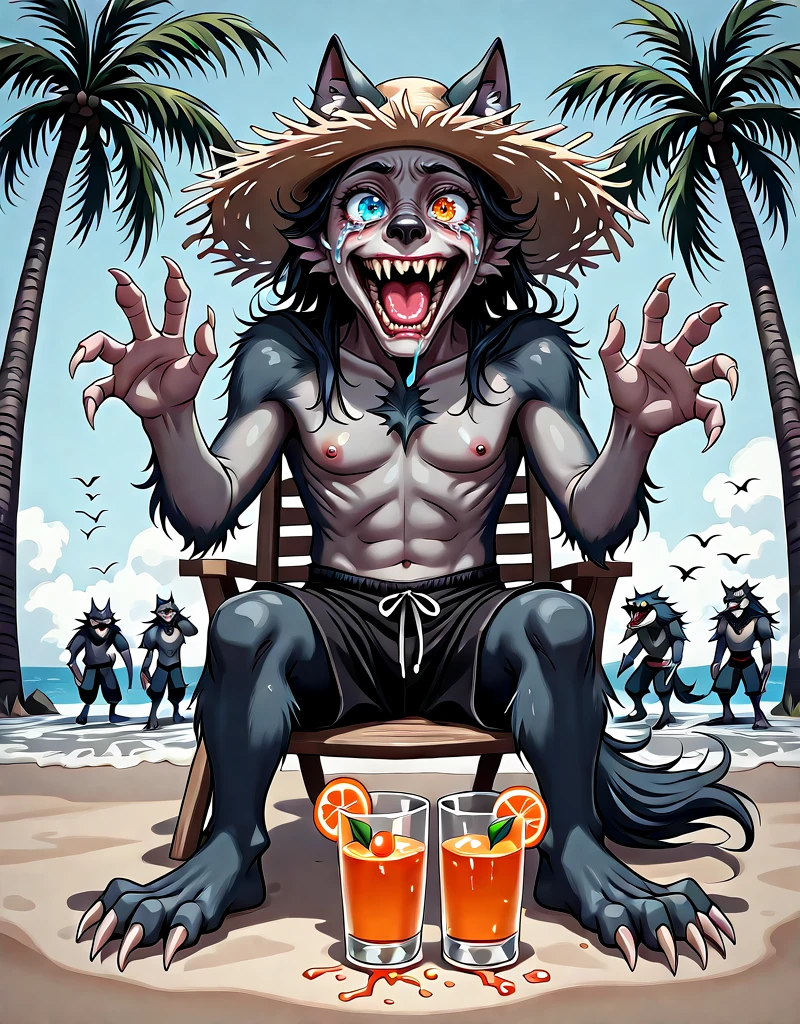 <lora:Joker_Smile:1> jsmil, werewolf, heterochromia, on the beach, joker smile, on a beach chair, glass of orange juice, palm tree, straw hat, crying, surrounded cute colorful birds,