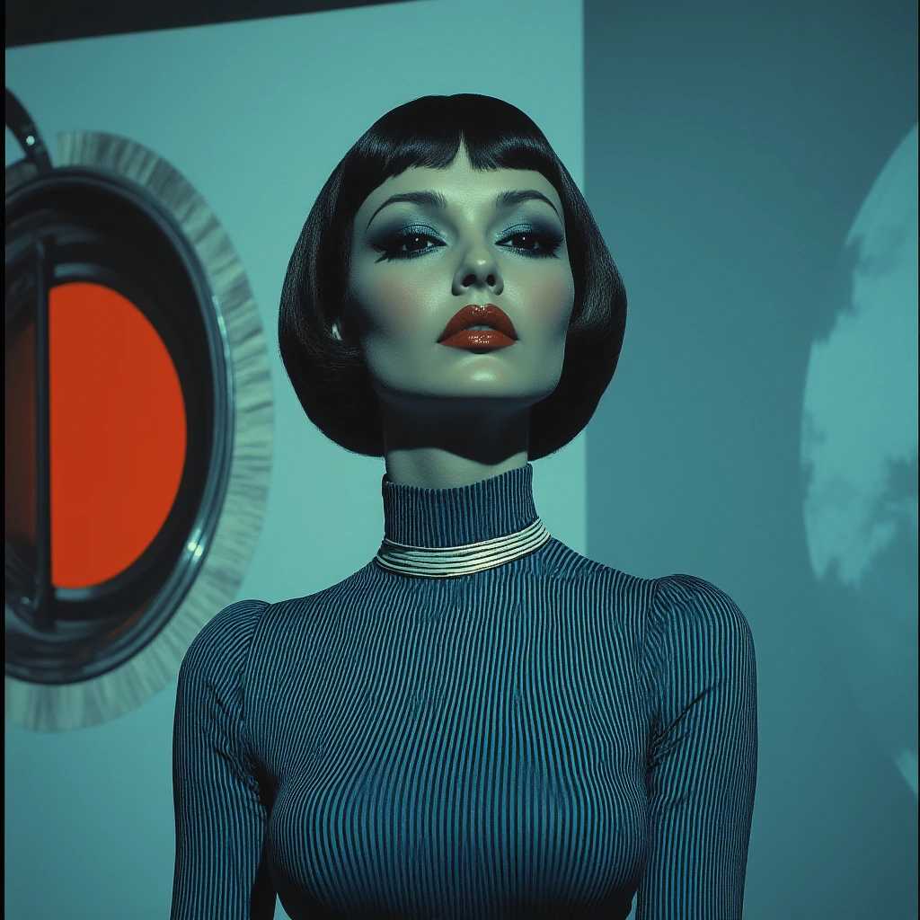 ArsMovieStill, Movie still from an abstract retro future movie, The image is a portrait of a woman with dark hair styled in a bob with bangs. She is wearing a blue and black striped dress with a high neckline and a choker necklace. Her makeup is dramatic with dark eyeliner and red lipstick. The background is a light blue color with a red light on the left side and a shadow of a speaker on the right side. The overall mood of the image is dark and mysterious., 1girl, solo, makeup, black hair, looking at viewer, eyeshadow, lipstick, upper body, striped, breasts