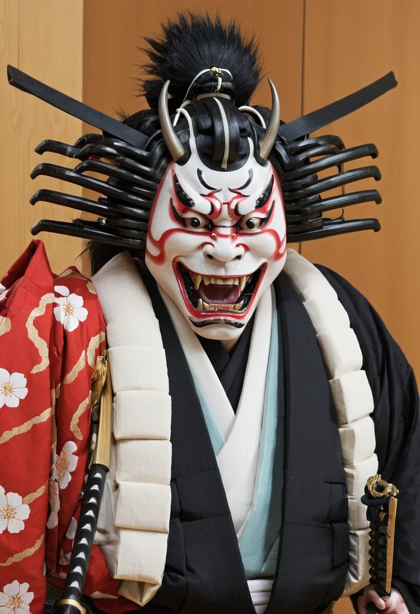 <lora:Kabuki_Face_SDXL_Panache:1> kabuk1, oni, mask, japanese armor, katana, kimono, hakama, hair, open mouth, tabi
