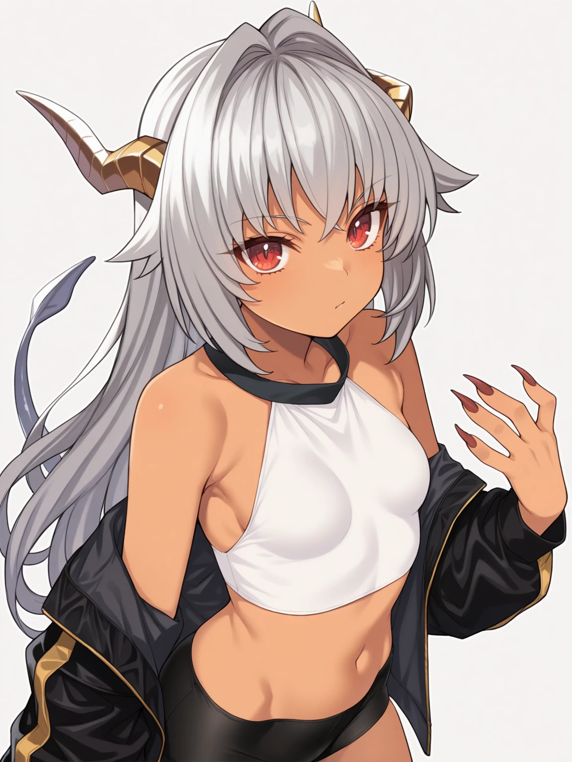 masterpiece, best quality, 1girl, solo, <lora:IL_UrsulaYDdraig:1>, ilursula, long hair, grey hair, red eyes, split pupils, small breasts, dragon horns, dragon tail, dark-skinned female, sharp fingernails, long fingernails, white shirt, black neckband, loose neckband, sleeveless, crop top, bike shorts, black jacket, open jacket