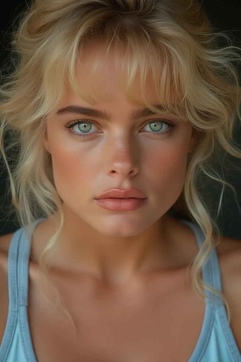 portrait inspired by Peter Lindbergh's photographic style of erikaeflx, a blonde woman looking directly at the camera.