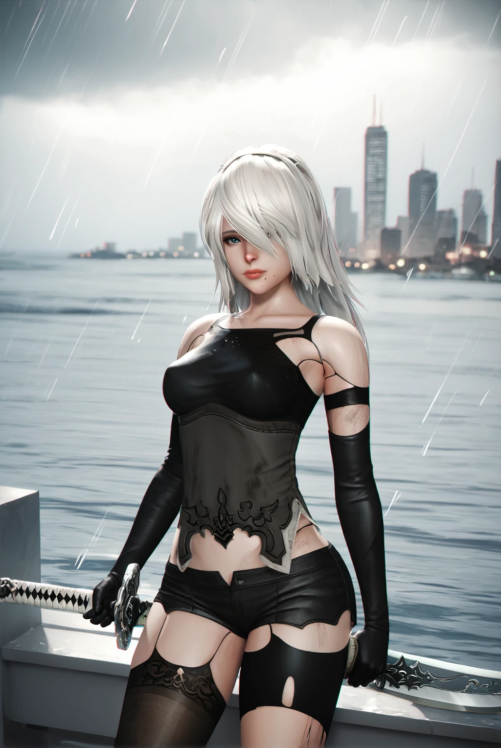 score_9, score_8_up, score_7_up, 1girl, a2 (nier:automata), long hair, blue eyes, hair over one eye, black tank top, black corset, bare shoulders, black gloves, black thighhighs, elbow gloves, short shorts, black shorts, single thighhigh, mole under mouth, asymmetrical legwear, dirty, robot joints, holding sword, standing, fighting stance, ocean, city, rain, storm, clouds, (chromatic aberration:1.2), (closed mouth)