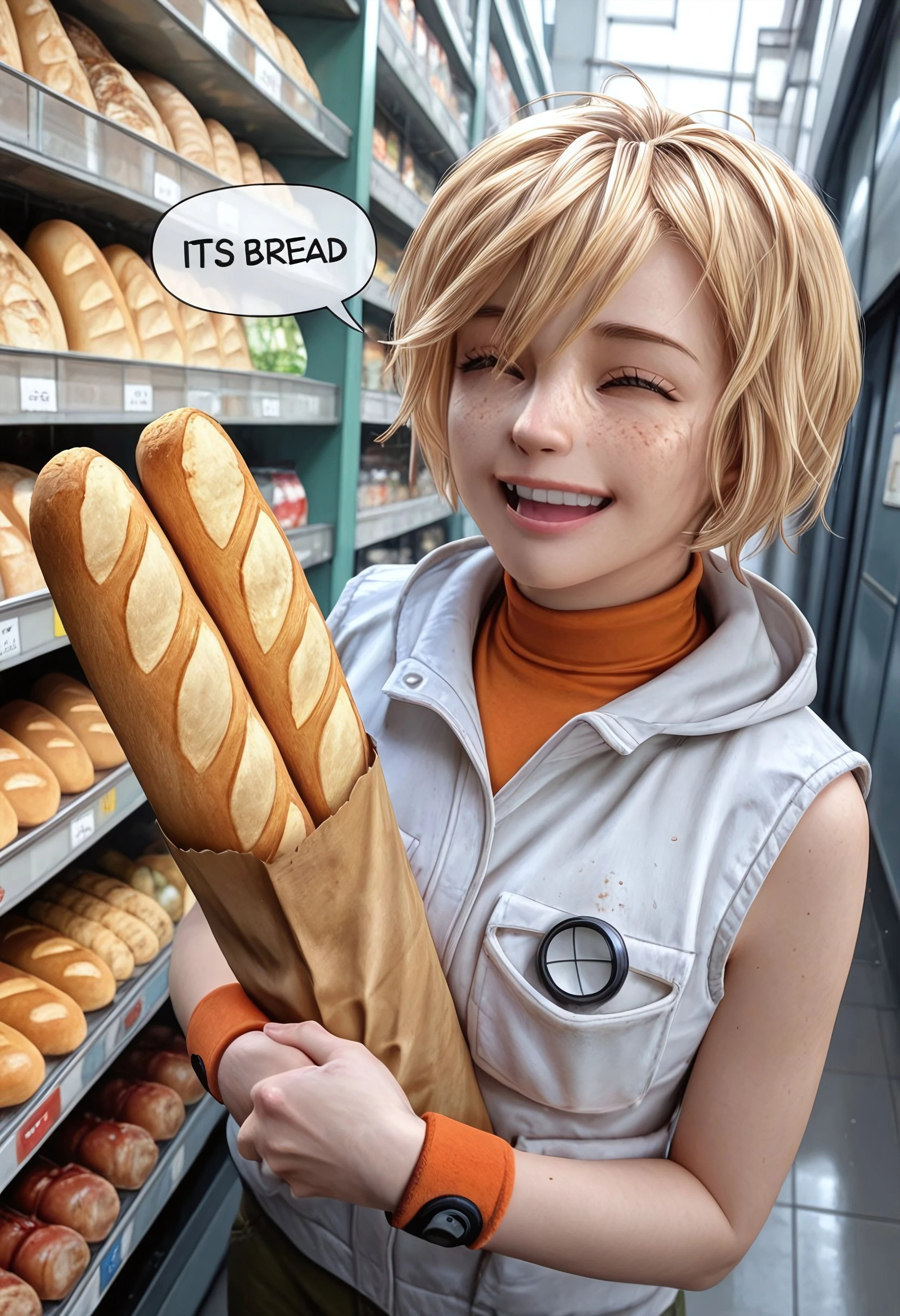 masterpiece, best quality, BREAK, dynamic angle, 1girl, solo, heathermail, blonde hair, brown eyes, freckles, vest, sleeveless turtleneck, wristband, holding baguette, hugging baguette , smile, happy, ^ ^, grocery store, detailed scenery, (speech bubble "its bread" :1.5)