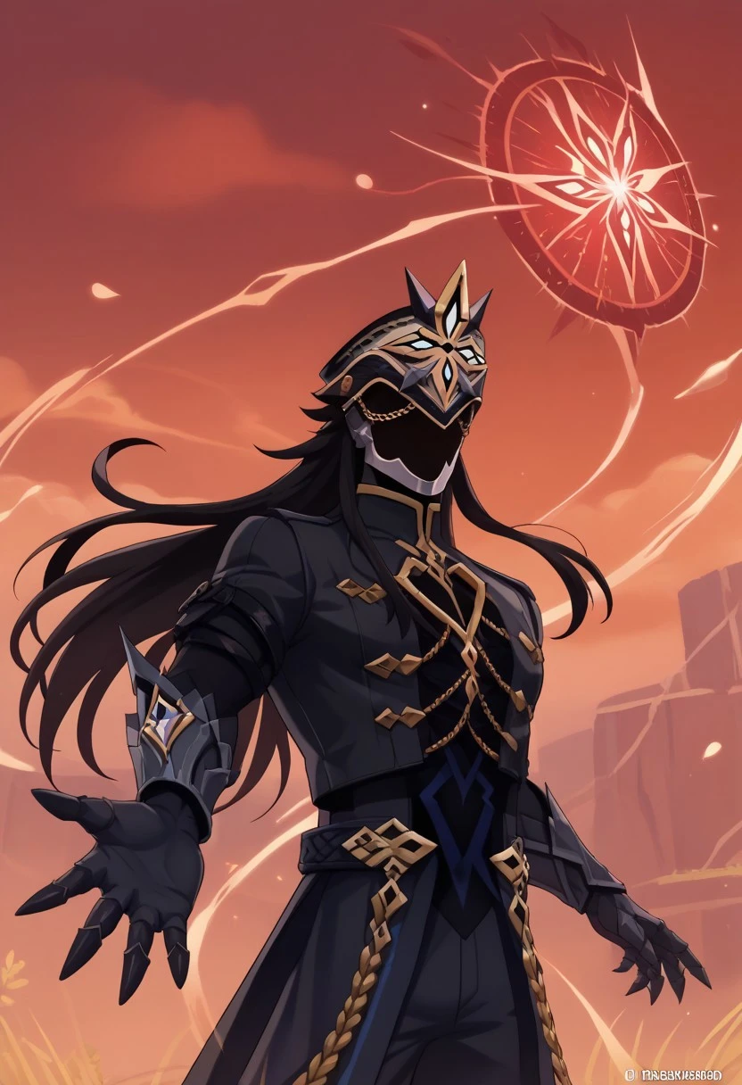 score_9, score_7_up, source_anime
ilcapitano, 1boy, male focus, solo, black hair, long hair, mask, faceless, faceless male, mask, hat, black headwear, jacket, black jacket, high collar, gold trim, long sleeves, gloves, black gloves, gauntlets, outstretched arm, reaching towards viewer, spell, magic, wind, hair floating,
outdoor,