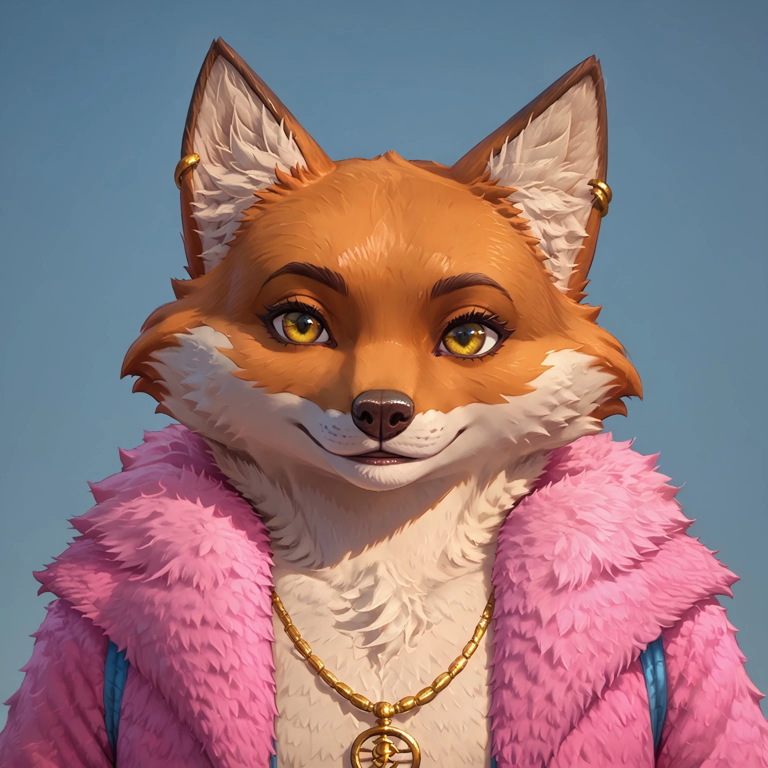 score_9, score_8_up, score_7_up, Expressiveh, masterpiece, best quality, highly detailed, realistic,  1boy, solo, DanzaPA, furry, anthro, tanuki, raccoon dog, white inner ear fluff, dark-brown eyebrows, dark-brown nose, yellow eyes, black pupils, orange body, orange fur, white body, white fur, two tone body, two tone fur, gold earrings, eyewear, gold necklace, pink jacket, fur jacket, open jacket, upper body, close-up, (blue background, simple background), smile, looking at viewer, closed mouth