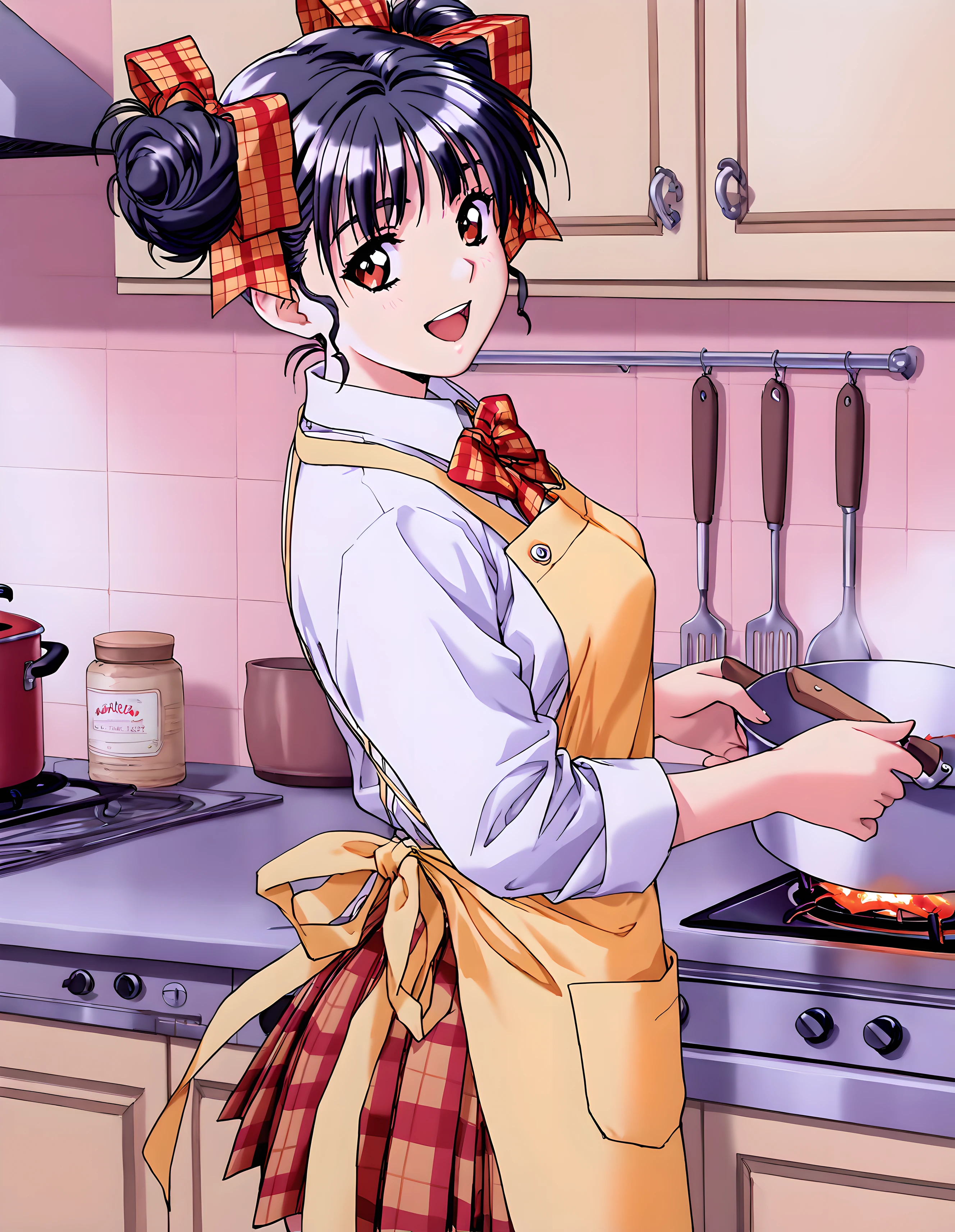<lora:illustrious_XL_narusawa_v2:0.9>,narusawa,masterpiece,best quality,good quality,1girl,solo,white collared shirt,pleated skirt,plaid skirt,kitchen,apron,cooking,cowboy_shot,from_side,looking_back,smile,:d,