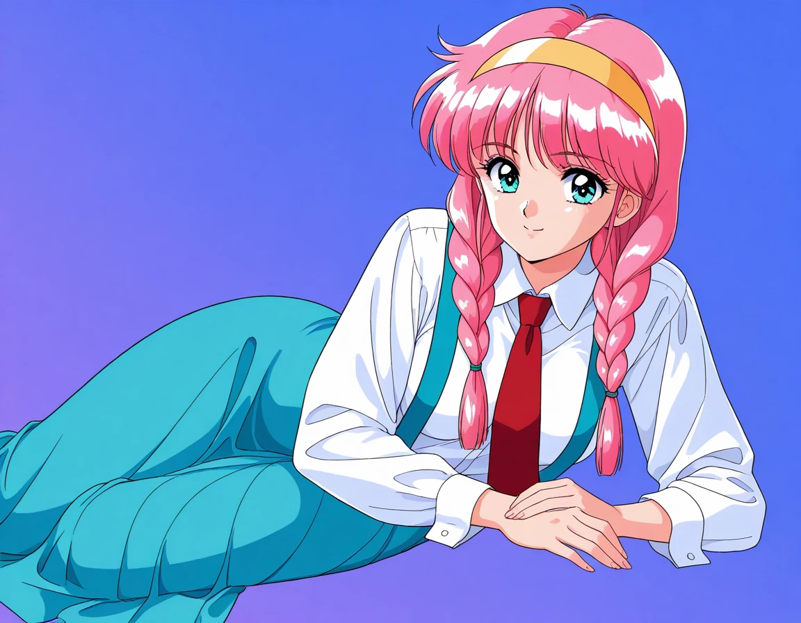 general,highres, ultra-detailed,very aesthetic,best quality ,best hands, BREAK <lora:NingyouTsukai_IS:1> retro artstyle,
lee, 1girl,solo, Yellow hairband, long hair, twin braids, 1990s (style), pink hair, medium breasts, retro artstyle,
necktie, long sleeves, suspenders, skirt, long skirt, looking at viewer, hair over shoulder, shirt, lying, blue eyes, aqua eyes, blue skirt, blue background, white shirt, feet out of frame, aqua skirt, smile, bangs, on side, twintails