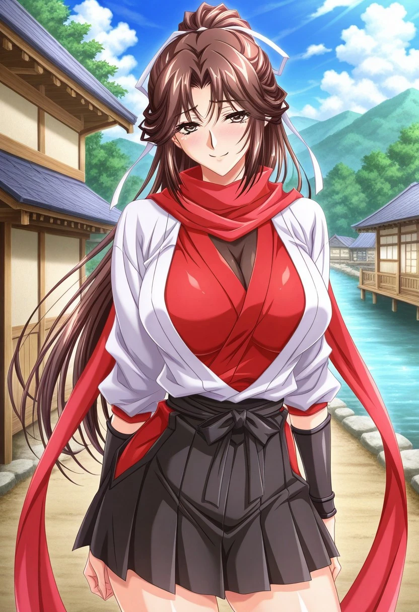 general,highres, ultra-detailed,very aesthetic,best quality ,best hands,masterpiece, best quality, newest, highres, score_9, score_8_up, score_7_up, source_anime, rating_explicit,, 1girl, yokota mamoru style,motion lines,Very straight nose,slim,slender face,perfect nose,looking at the viewer,torogao,seductive smile
Akebi,Brown Hair, Ponytail, Waist Length Hair,Brown Eyes,Big Breasts,Bracer, Ribbon Hair Tie
1girl, solo, skirt, scarf, long sleeves, blue eyes, hair ribbon, ribbon, pleated skirt, smile, black skirt, jacket, very miniskirt, standing, looking at viewer,ninja,village,day,cloud,river