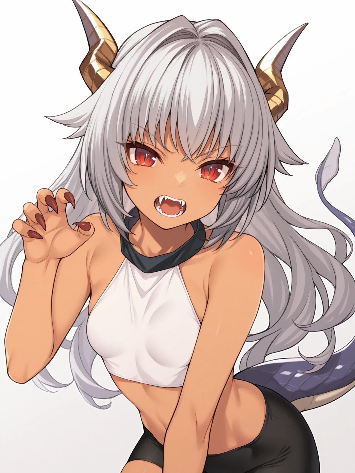 masterpiece, best quality, 1girl, solo, <lora:IL_UrsulaYDdraig:1>, ilursula, long hair, grey hair, red eyes, split pupils, small breasts, dragon horns, dragon tail, dark-skinned female, sharp fingernails, long fingernails, fangs, roar, white shirt, black neckband, loose neckband, sleeveless, crop top, bike shorts, claw pose