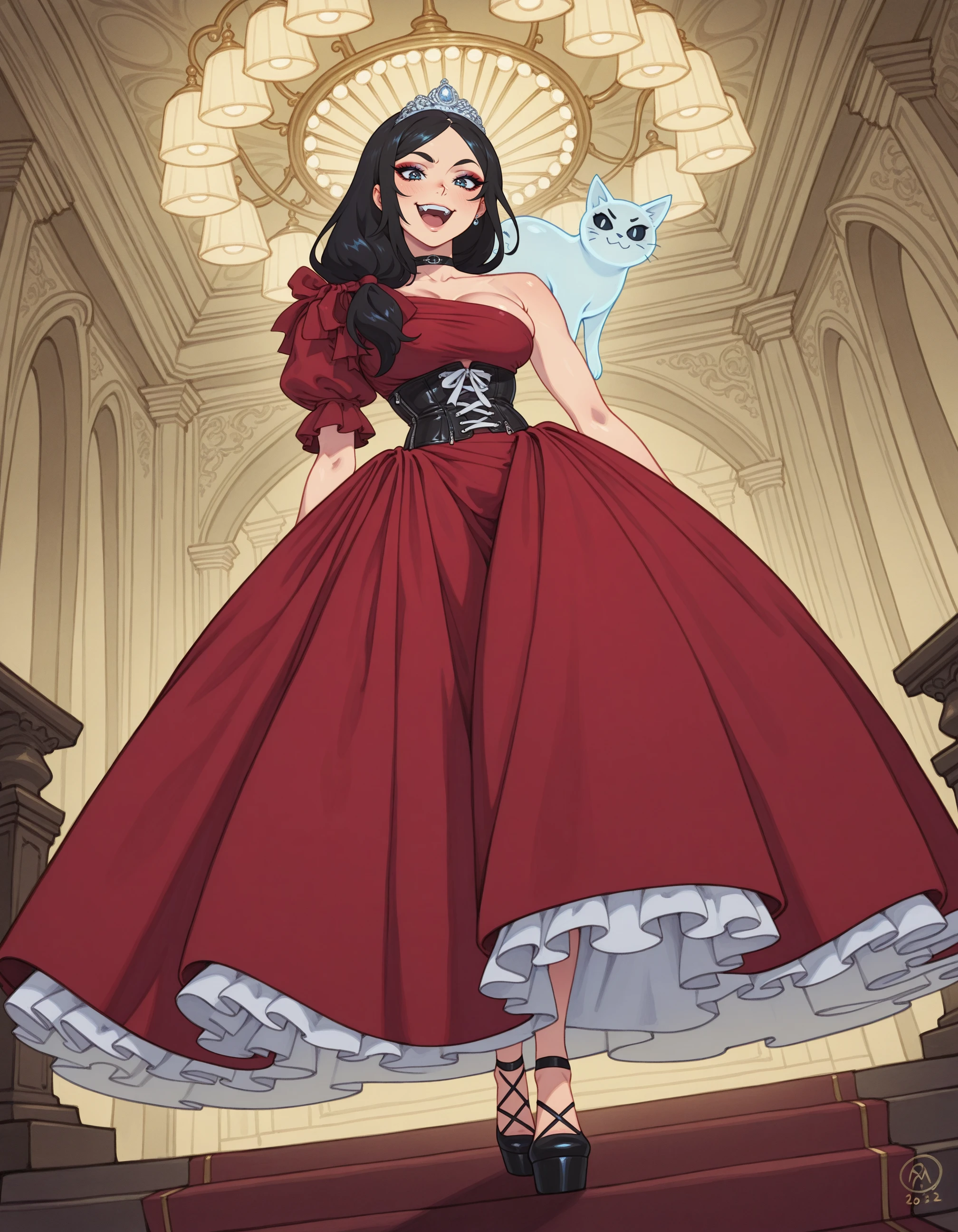 (kajin \(kajinman\):0.7), 1girl, solo, red clothing,, wide long dress, wide petticoat, ((bows, ribbons)) (asymmetrical shoulders, poofy sleeve), full body, grand hall, chandelier, zipper corset, <lora:Outfit_AsymRedGown-ILXL:1> slit dress, shoulder, open mouth, upper teeth only, dramatic eyeliner, open eyes, teeth smile, strapless, tiara, <lora:Style_ecstatic-WitchyCottagecore-ILXL:0.9> W1tchyC0ttagec0re, ghost cat on shoulder masterpiece, best quality, very aesthetic, newest