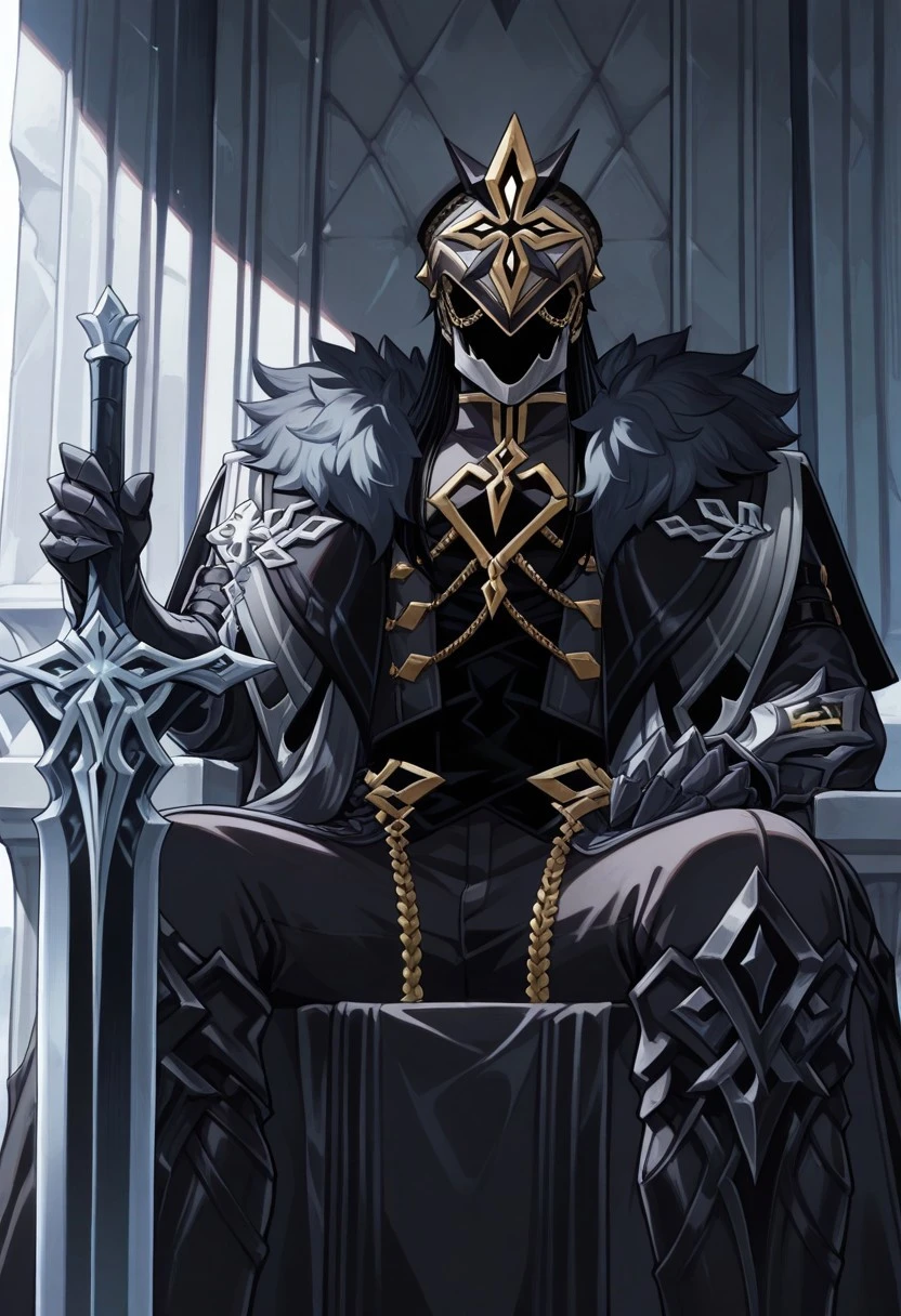 masterpiece, best quality,
ilcapitano, 1boy, male focus, solo, black hair, long hair, mask, faceless, faceless male, mask, hat, black headwear, jacket, black jacket, high collar, gold trim, long sleeves, gloves, black gloves, gauntlets, coat, fur trim, fur-trimmed coat, black coat, pants, black pants, sitting, greatsword, weapon, hand on hilt, planted grearsword outdoor, throne,
