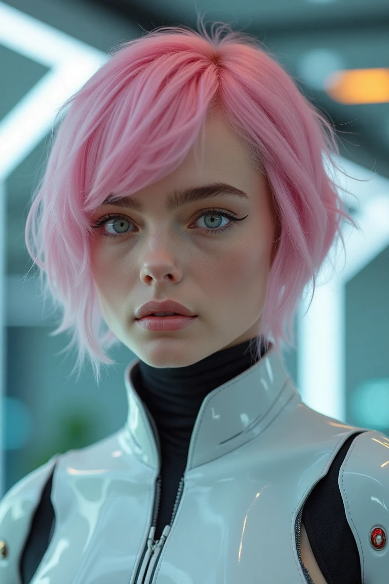 (photo of a gorgeous woman cyborg), ((short pink hair)), (soft even lighting), (futuristic background), ((as a gorgeous cyborg)), (proportional), detailed face, detailed eyes, ((medium body portrait)), masterpiece, ((best quality)), (eye contact), looking at the viewer, centred, shot from front, (day time),monicabflx