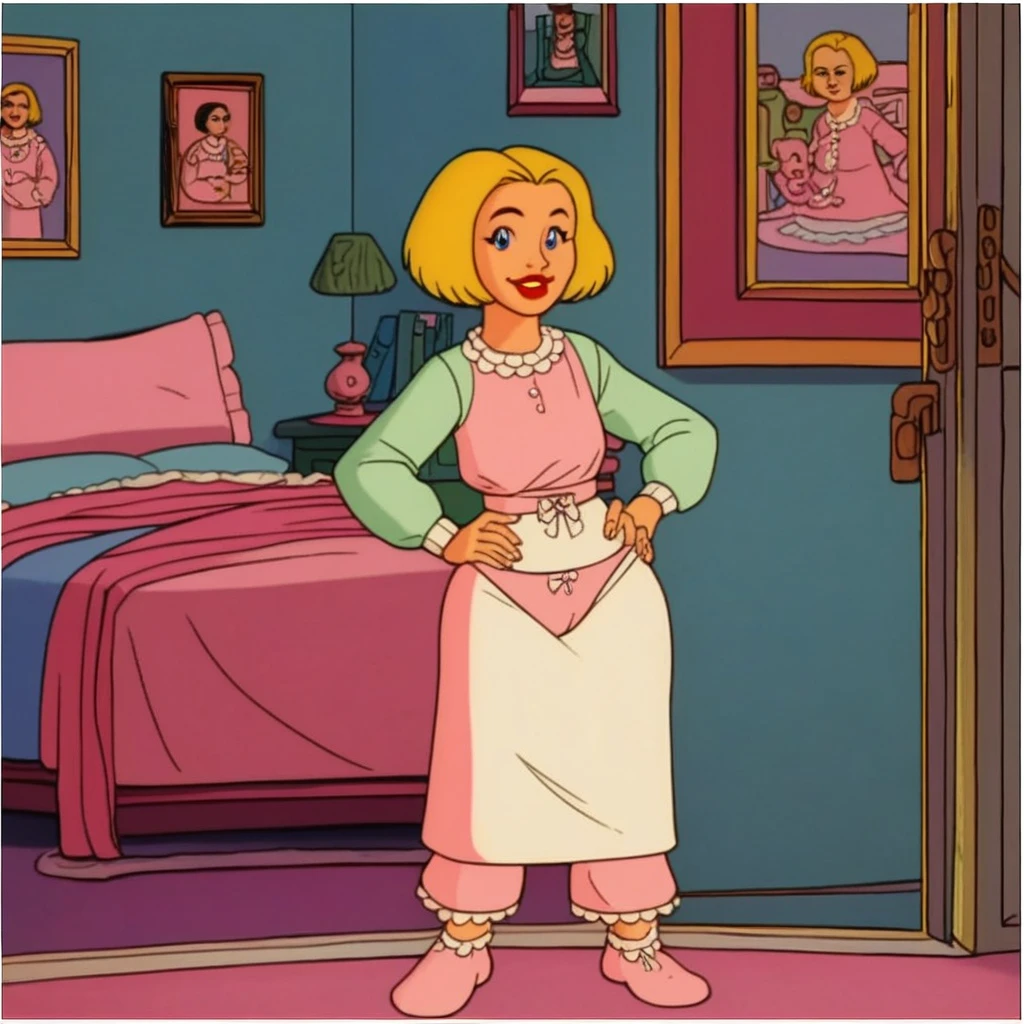 score_8_up, score_7_up, score_6_up, masterpiece, best quality, highly detailed, lips, eyeliner, BREAK, source_cartoon, cartoon screenshot, masterpiece, retro artstyle, <lora:MSBEvan:0:0.9>, best quality, aged up, 18 years old, mature woman, adult woman, 1girl, solo, evan_hudson, cute, blonde hair, short hair, bangs, bob cut, blue eyes, slender, flat chest, huge breast, covered nipples, navel, long arms, sexy waist, thighs, wide hips, long legs, shoulders, collarbone, red lipstick, pink cotton bra, pink cotton panties, cover vagina, smiling, parted lips, looking at viewer, nighttime, large bedroom, windows, standing up, hand on hip, full body