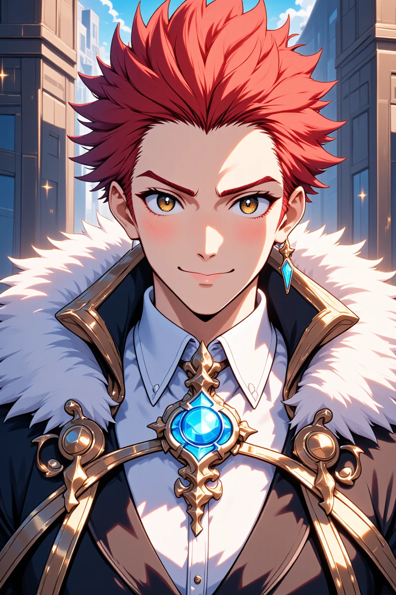Anime_Era,Anime_Arts,Sci-fi_fantasy_illustration,looking at viewer, sfw, 1boy, jacket, white shirt, fur collar, male focus, red hair, brown eyes, solo, fur-trimmed jacket, smile, fate (series), fate/grand order, fate/extra, black jacket, short hair, fur lining, shirt, male focus, upper body, closed mouth, red hair, fujimaru ritsuka (male), fujimaru ritsuka (female) (fate), fate/extra ccc, collarbone, bangs, eyebrows visible through hair