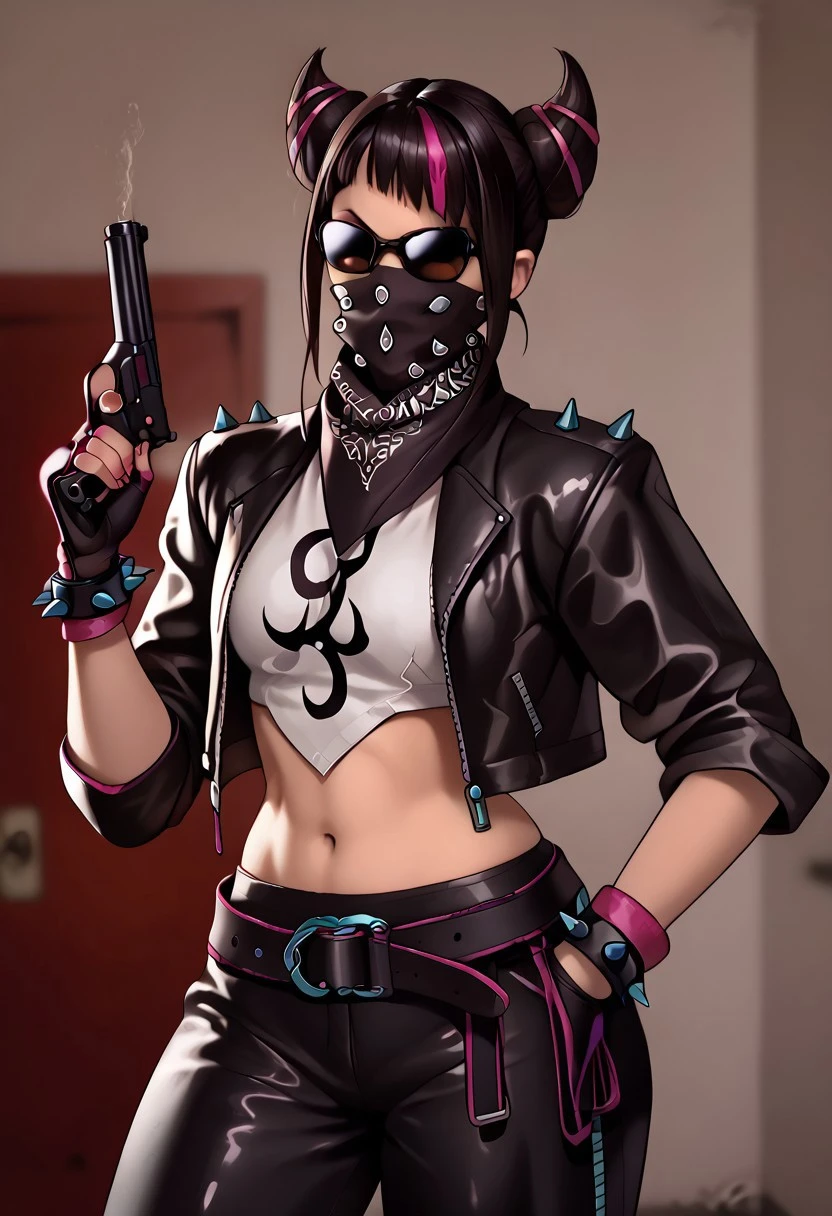 1girl, JuriSF, hair horns, diagonal bangs, streaked hair, open vest, revealing clothes, belt, baggy pants, spiked bracelet, leather jacket, leather gloves, fingerless gloves, black panties , black b4ndanamask, black paisleybandanamask, black bandana mask, black b4ndanamask, black mouthmasked, closeup, above waist shot, , solo, gangster girl, wearing dark sunglasses, long sleeve leather jacket, studded leather jacket, ruanyi1020,belt,black jacket,black skirt,navel,leather skirt,thigh gap,long sleeves,leather jacket,thigh boots, covered mouth, side angle, imadeej, perfecteyes, source_anime, source_cartoon, relaxed, cool and calm, Shotgun, holding shotgun,