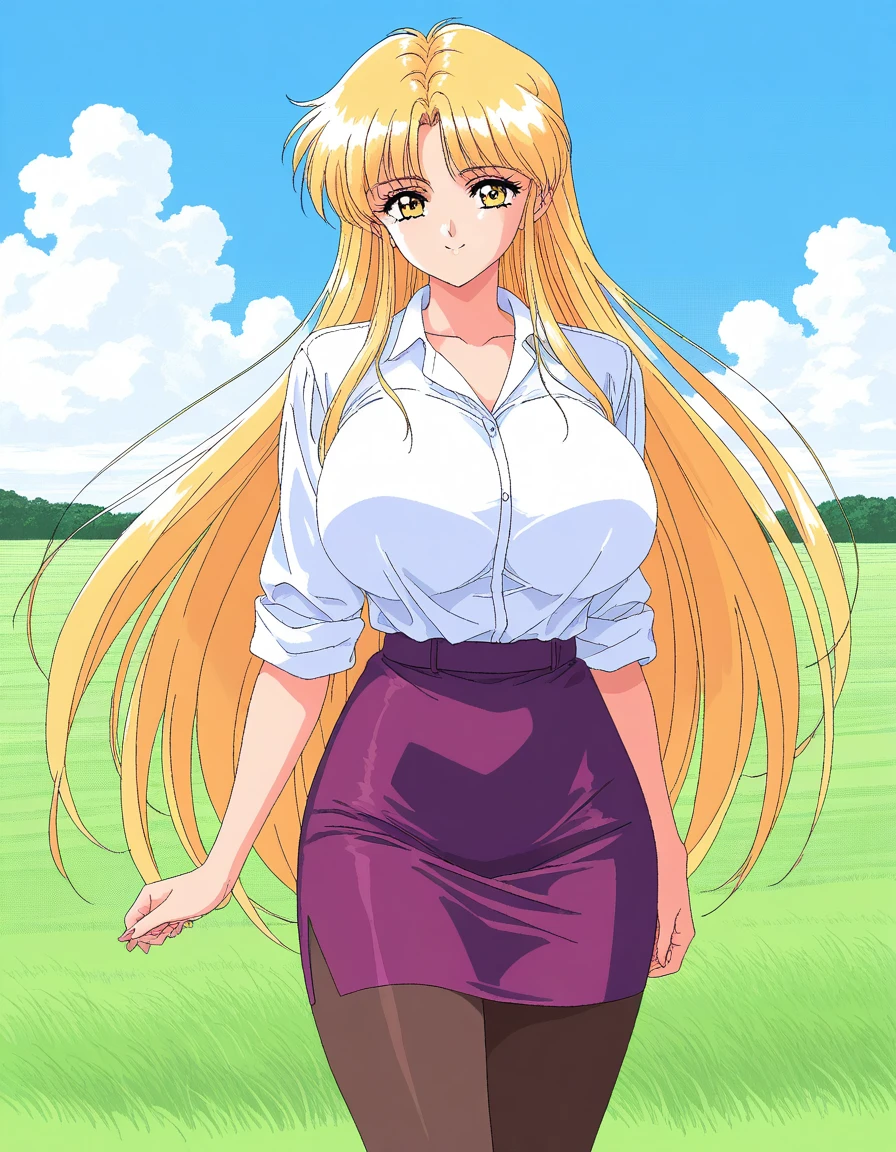 general,highres, ultra-detailed,very aesthetic,best quality ,best hands, BREAK <lora:NingyouTsukai_IS:1>
jessica, 1girl, solo, very long hair, blonde hair, huge breasts, bangs, Yellow eyes,
pantyhose, pencil skirt, shirt, sleeves rolled up,
purple skirt, oekaki, white shirt, 1990s (style), shoes, bangs, miniskirt
smile,looking at viewer, cowboy_Shot,
grass, sky, day,