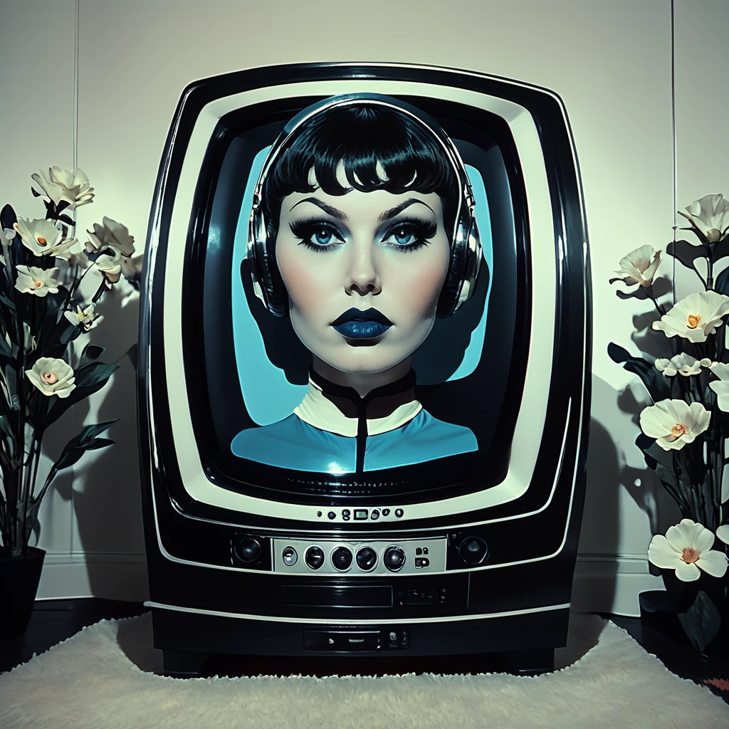 Score_9, score_8_up, score_7_up, score_6_up, BREAK <lora:Abstract_Retro_Future_MoviePony:1> ArsMovieStill, Movie still from an abstract retro future movie, The image is a digital illustration of a television set with a portrait of a woman's face on the screen. The television is placed on a black stand with a red base and a white background. The woman has short dark hair styled in a bob with bangs and is wearing a pair of headphones on her head. She has dark lipstick on her lips and her eyes are looking directly at the camera. The image has a vintage retro feel to it. There are two vases with white flowers on either side of the television adding a touch of color to the scene., 1girl, solo, makeup, black hair, headphones, lipstick, looking at viewer, short hair, blue eyes, plant