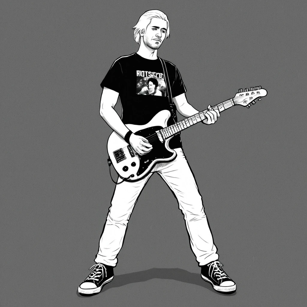 <lora:Rotoscope xl v1:0.9>
drawing Rotoscope style a black and white man playing a guitar with ufo fling in background, perfect image, sharp image, detailed image, Rotoscope art style, solo, shirt, holding, standing, full body, shoes, pants, sneakers, instrument, music, guitar, space, holding instrument, playing instrument, electric guitar, short hair, hat, white hair, short sleeves, white pants, parody