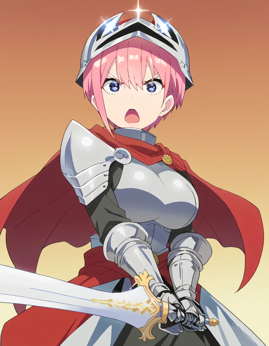 score_9, score_8_up, score_7_up, source_anime, <lora:ichika-nakano-s2-ponyxl-lora-nochekaiser:1>, ichika nakano, short hair, bangs, blue eyes, hair between eyes, pink hair, pixie cut, large breasts, anime screencap, <lora:sunrise-stance-ponyxl-lora-nochekaiser:1>, sunrise stance, weapon, sword, solo, open mouth, holding weapon, holding, holding sword,, <lora:knight-ponyxl-lora-nochekaiser:1>, knight, armor, cape, shoulder armor, gauntlets, helmet, pauldrons, red cape,,