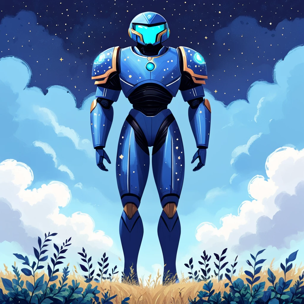 <lora:Flat_Cartoon_IllustrationSDXL:1> ArsMJStyle, Flat Cartoon Illustration, The image shows a man in a blue suit standing in the middle of a field surrounded by plants and clouds in the sky., solo, sky, cloud, samus aran, star (sky), full body, standing, power armor, helmet, starry sky print