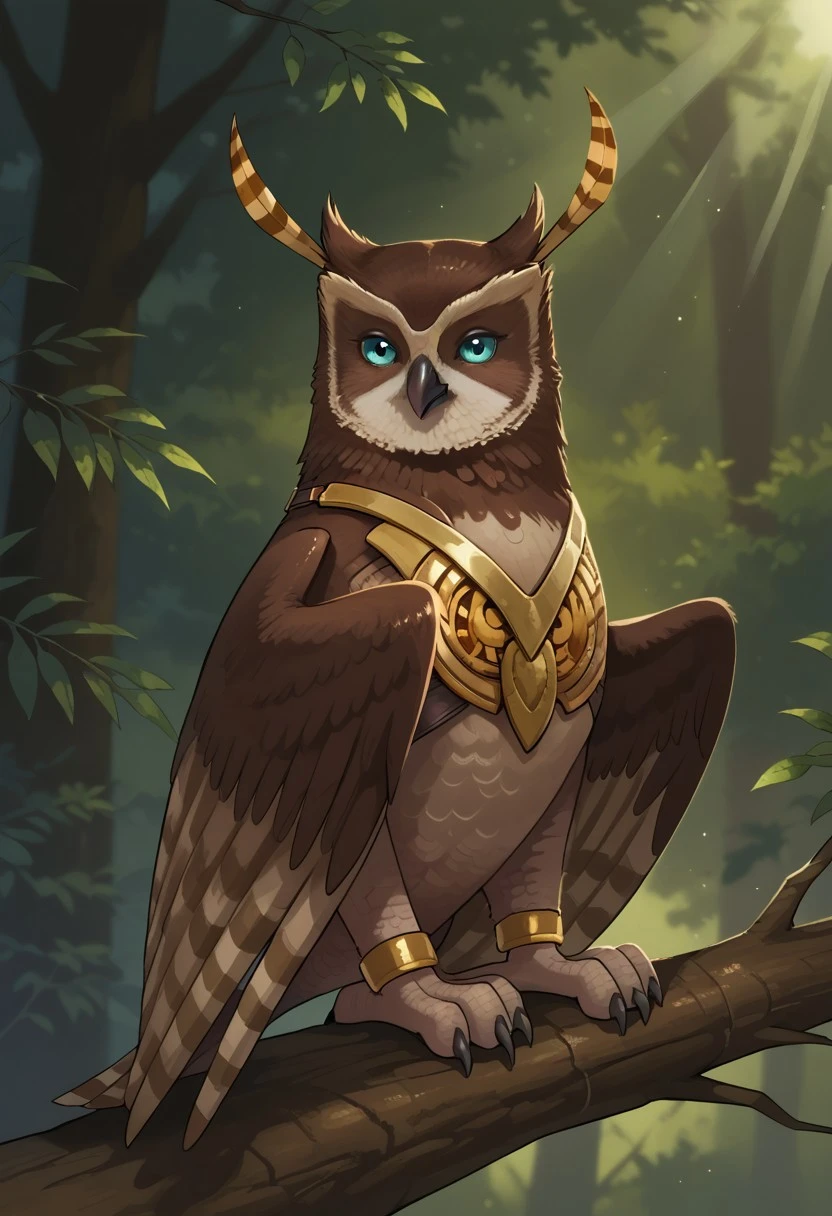 BREAK score_9, score_8_up, score_7_up, source_anime, 1girl, detailed, 1girl, Solo, Longclaw_(Sonic), owl, feral, two-tone feathers, brown-white, blue eyes, two long feathers, two feathers behind the ears, brown wings, golden armor, chest armor, (sitting on a tree branch:1.8), (sunlight dappling the leaves:1.1), forest background, view front,