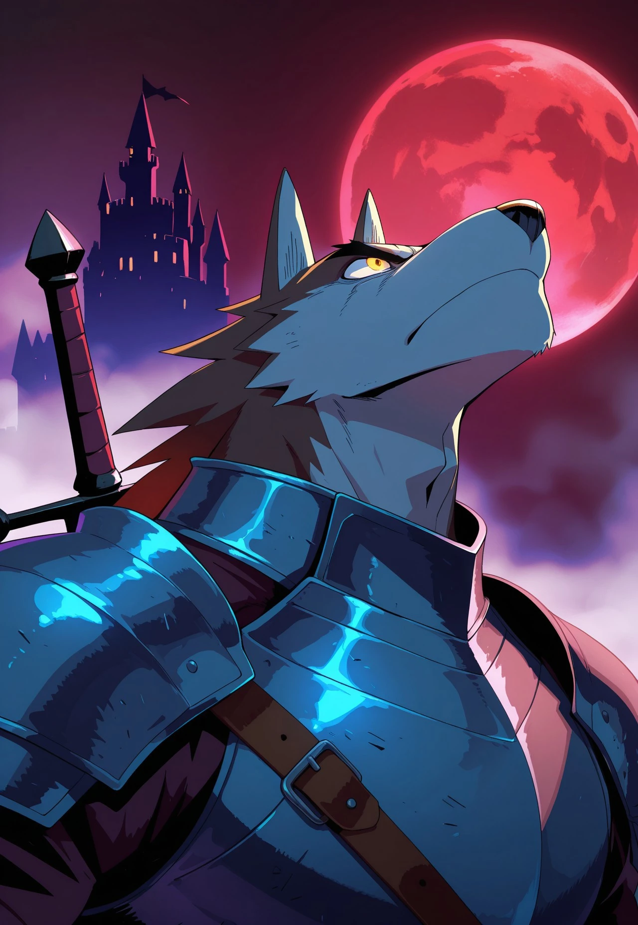 furry male, 1boy, solo, hero_wolf, thick eyebrows, yellow eyes, knight outfit, serious, looking up, posing, weapon on back, castle, background, shadow, fog, in mist, dark theme, red moon, close-up, masterpiece, best quality, amazing quality