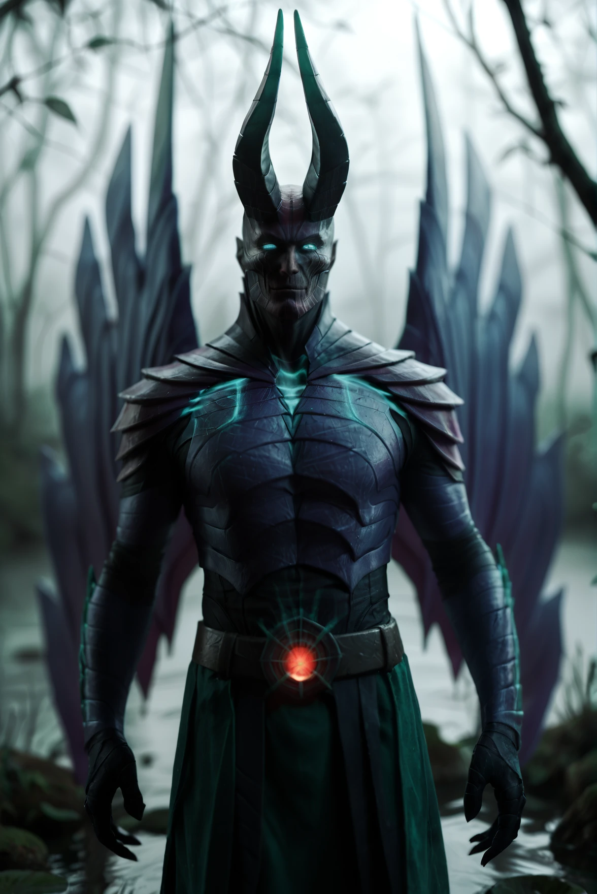 cinematic still far shot of a blindfolded winged night elf Illidan Stormrage from Warcraft summoning thunder, holding a skull, deep magical forest in rainstorm, shot on Sony, high budget, epic, gorgeous, film grain