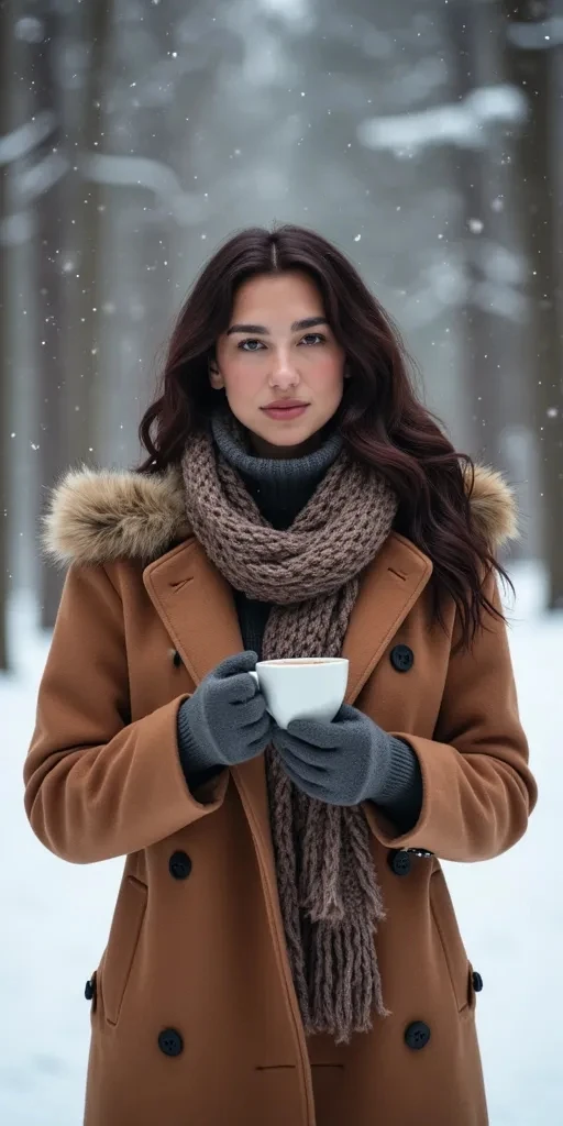 dua_lipa, a beautiful woman standing outdoors on a snowy day, wearing winter jacket and scarf and holding a white cup
