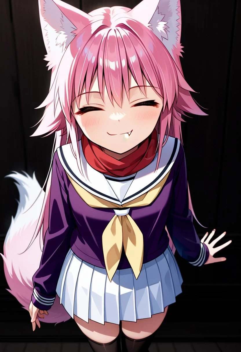 score_9, score_8_up, score_7_up, score_6_up, score_5_up, score_4_up, Lanka Ookami, wolf girl, long hair, pink hair, wolf ears, ear fluff, fluffy wolf tail, wolf tail, (orange eyes: 1.1),Skirt, School uniform, Pleated skirt, Serafuku, White skirt, Shirt, Purple shirt, Sailor collar, White Sailor collar, Long sleeves, Scarf, Yellow Scarf, Knee-high stockings, seductive smile,closed eyes, come hither, skin_fang, naughty face, looking at viewer, standing,
