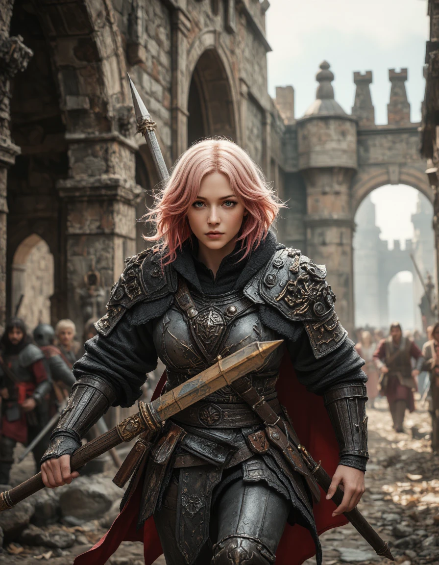 (Medieval European Fantasy:1.2), best quality, ultra detailed, (minor:1.3), (looking away:1.2), (Various hairstyles:1.3), (depth of field:1.2), (Warrior:1.4), equipments, , medium breasts, medium hair, pink hair, (Inside the castle:1.4), running, from front, , daytime