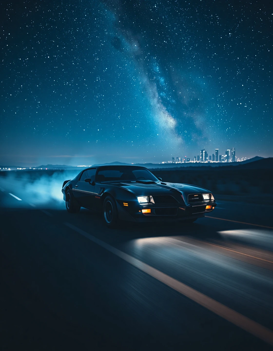 A sleek black Pontiac Trans Am driving on a deserted road at night under a vast, star-filled sky. The car gleams with polished metallic reflections, highlighted by faint moonlight, as it speeds through a slightly misty atmosphere. The scene is set with a high-angle perspective, emphasizing the car's aerodynamic curves and iconic hood emblem. In the background, a futuristic cityscape glows faintly in the distance, with towering skyscrapers. The sky is rich with sparkling stars, including a prominent Milky Way band stretching across the horizon, casting a soft ethereal glow. The road is illuminated by dim headlights, casting long streaks of light on the asphalt. The overall atmosphere is cinematic, with a serene yet mysterious mood, blending realism and artistry. Subtle lens flare effects and a cool blue color palette enhance the nighttime setting, evoking a sense of freedom and adventure.